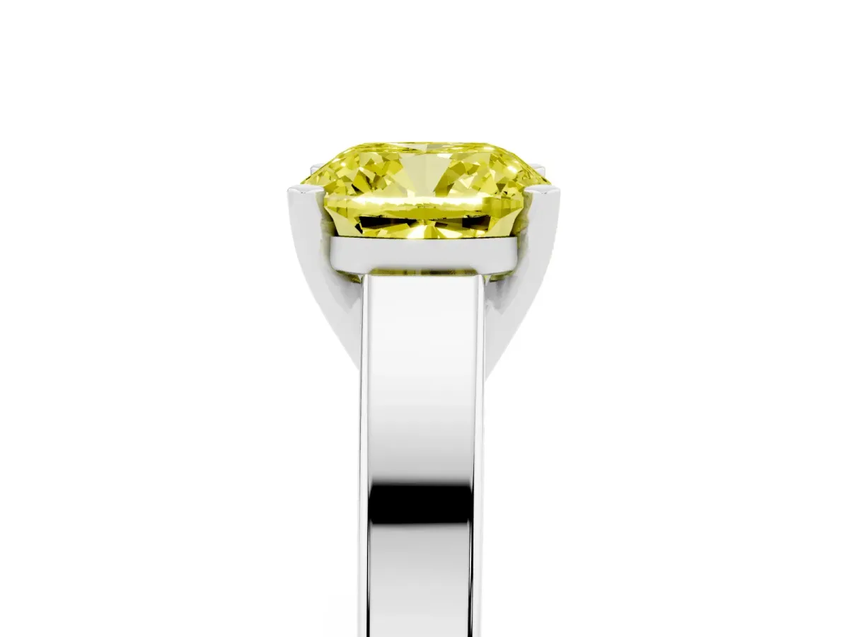 Fancy Yellow Cushion Cut Solitaire Engagement Ring with Four-Prong Setting and Tapered Band White gold
