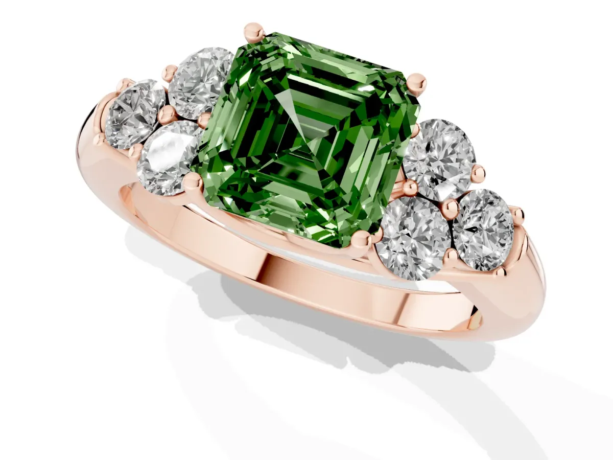 Fancy Green Asscher Cut Cut Diamond Cluster Ring with Round Accent Stones and Prong Setting on a Classic Band Rose gold