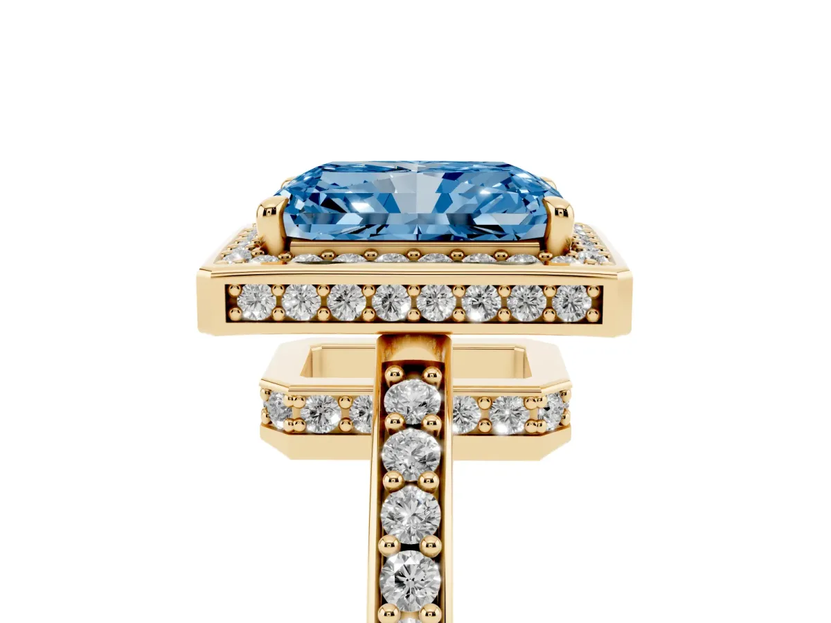 Fancy Blue Radiant Cut Halo Pave Band Solitaire Ring with Prong Setting Yellow gold
