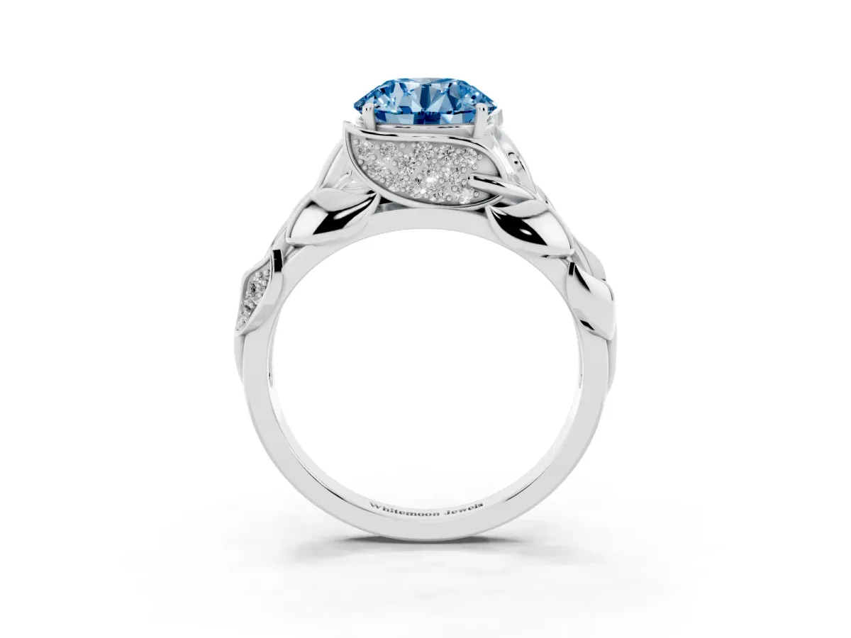 Fancy Blue Round Cut Diamond Leaf-Inspired Engagement Ring with Round Accents and Prong Setting Silver