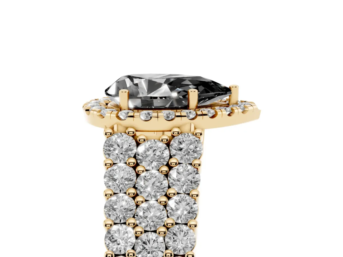 Fancy Black Pear Cut Diamond Halo Engagement Ring with Triple Row Round Pavé Band and Prong Setting Yellow gold