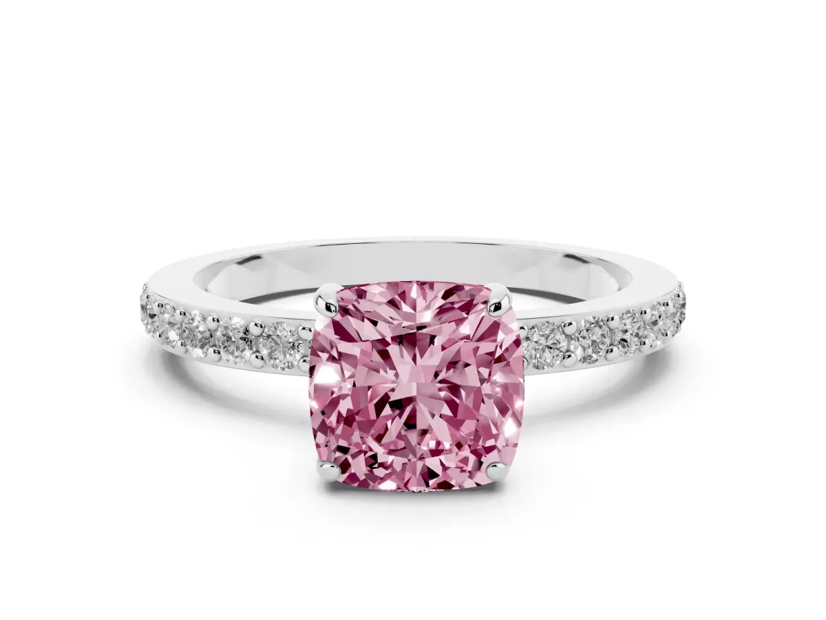 Fancy Pink Cushion Cut Diamond Solitaire Engagement Ring with Pavé Band and Four-Prong Setting White gold