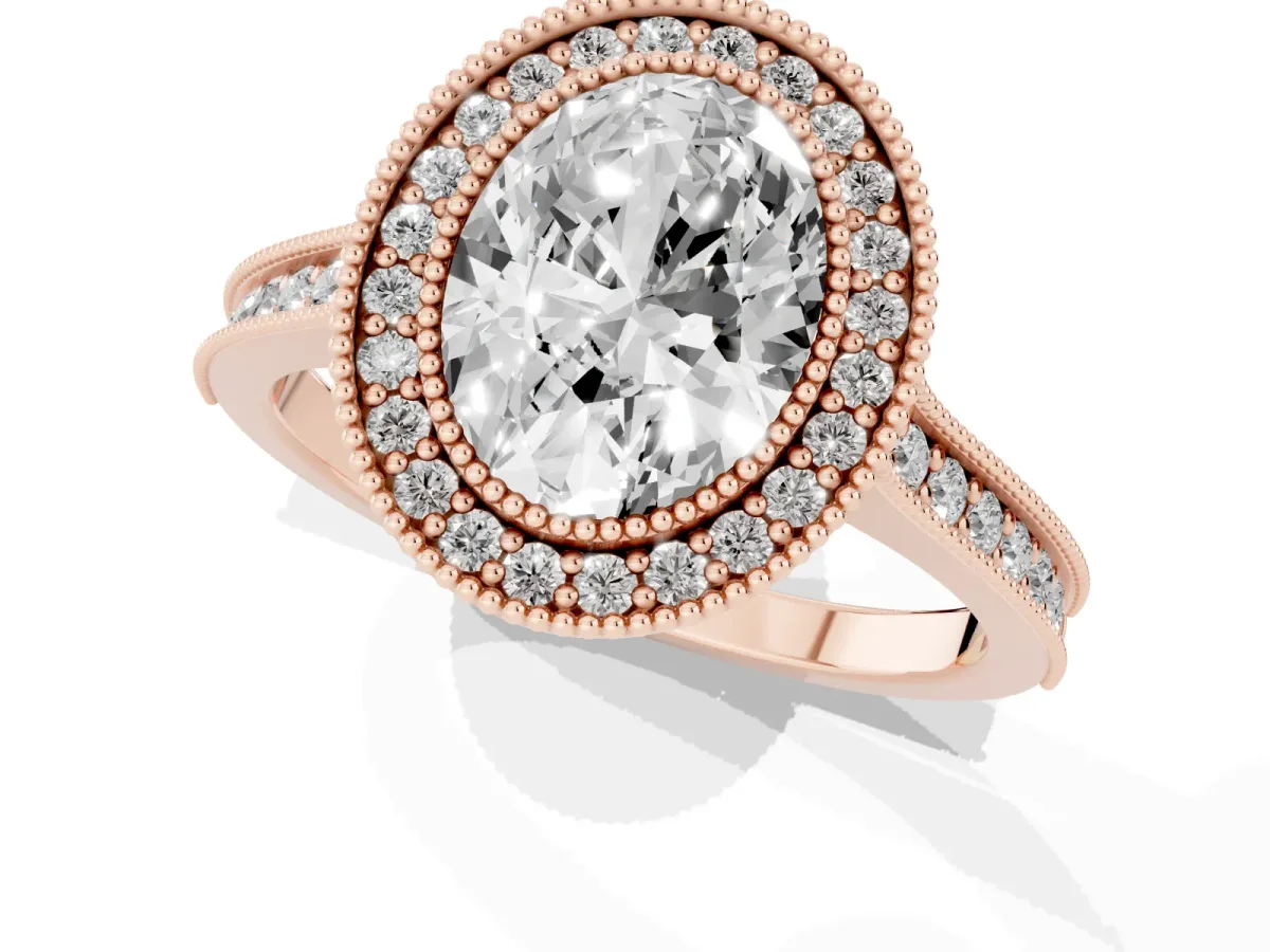 Halo Oval Cut-Cut Diamond Pave Band Milgrain Prong Setting Ring Rose gold