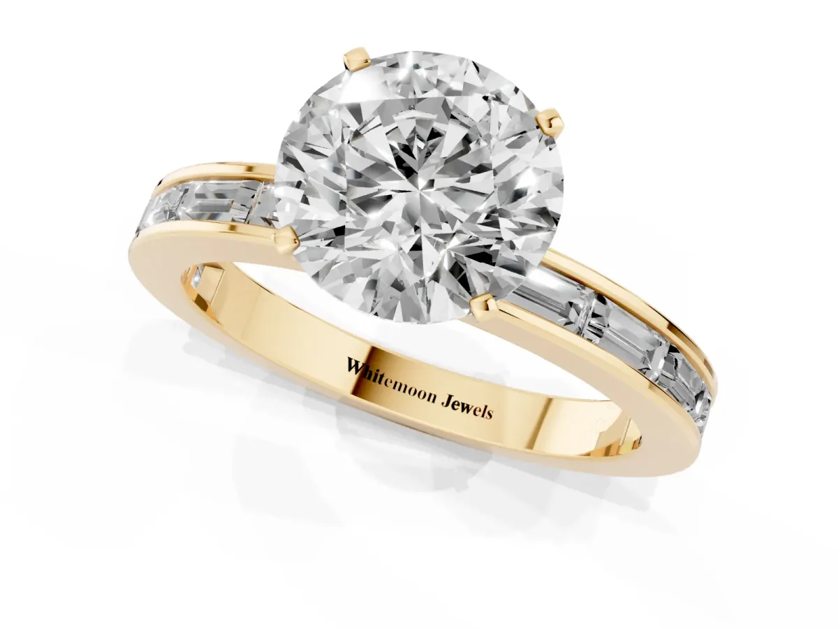 Round Cut Solitaire Diamond Ring with Channel-Set Baguette Band and Four-Prong Setting Yellow gold