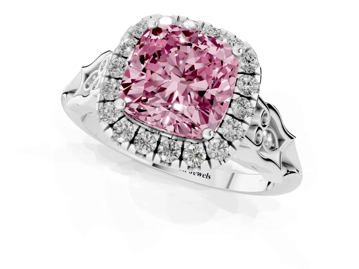 Fancy Pink Cushion Cut Halo Diamond Engagement Ring with Filigree Band and Four-Prong Setting Platinum