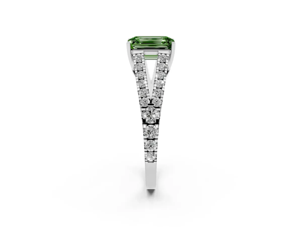 Fancy Green Emerald Cut Diamond Split Shank Engagement Ring with Round Pavé and Prong Setting Platinum