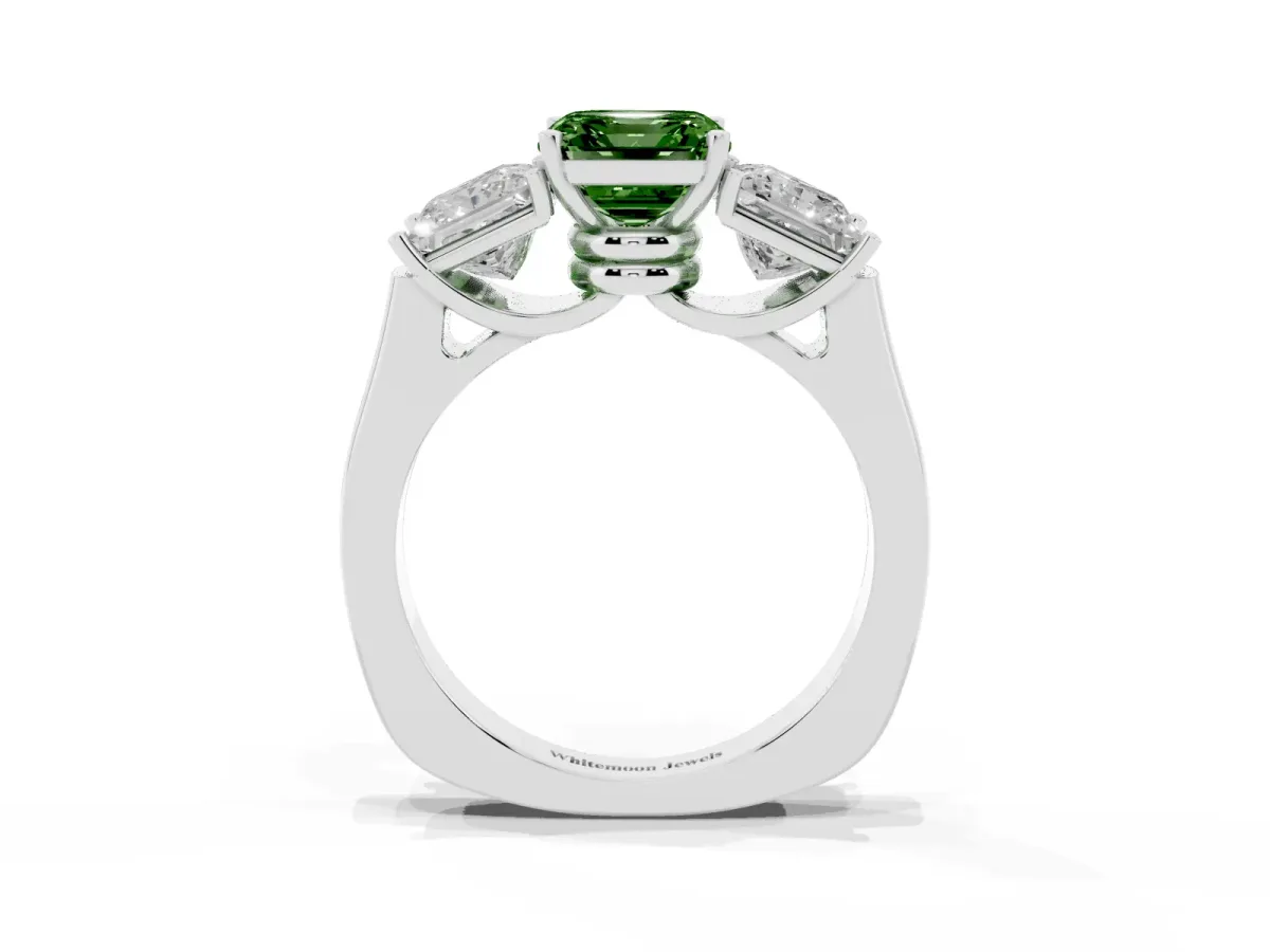 Fancy Green Three-Stone Asscher Cut Brilliant Diamond Trellis Ring with Comfort Fit Band White gold