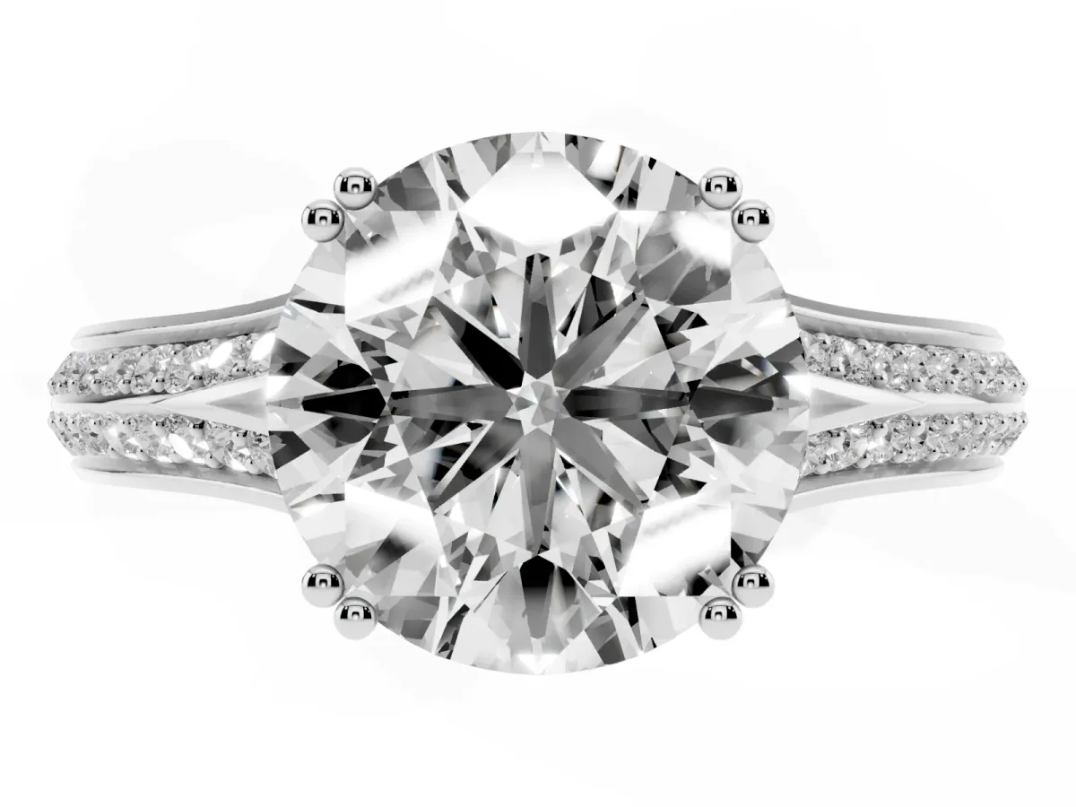 Round Cut Diamond Split Shank Engagement Ring with Pavé Band Silver
