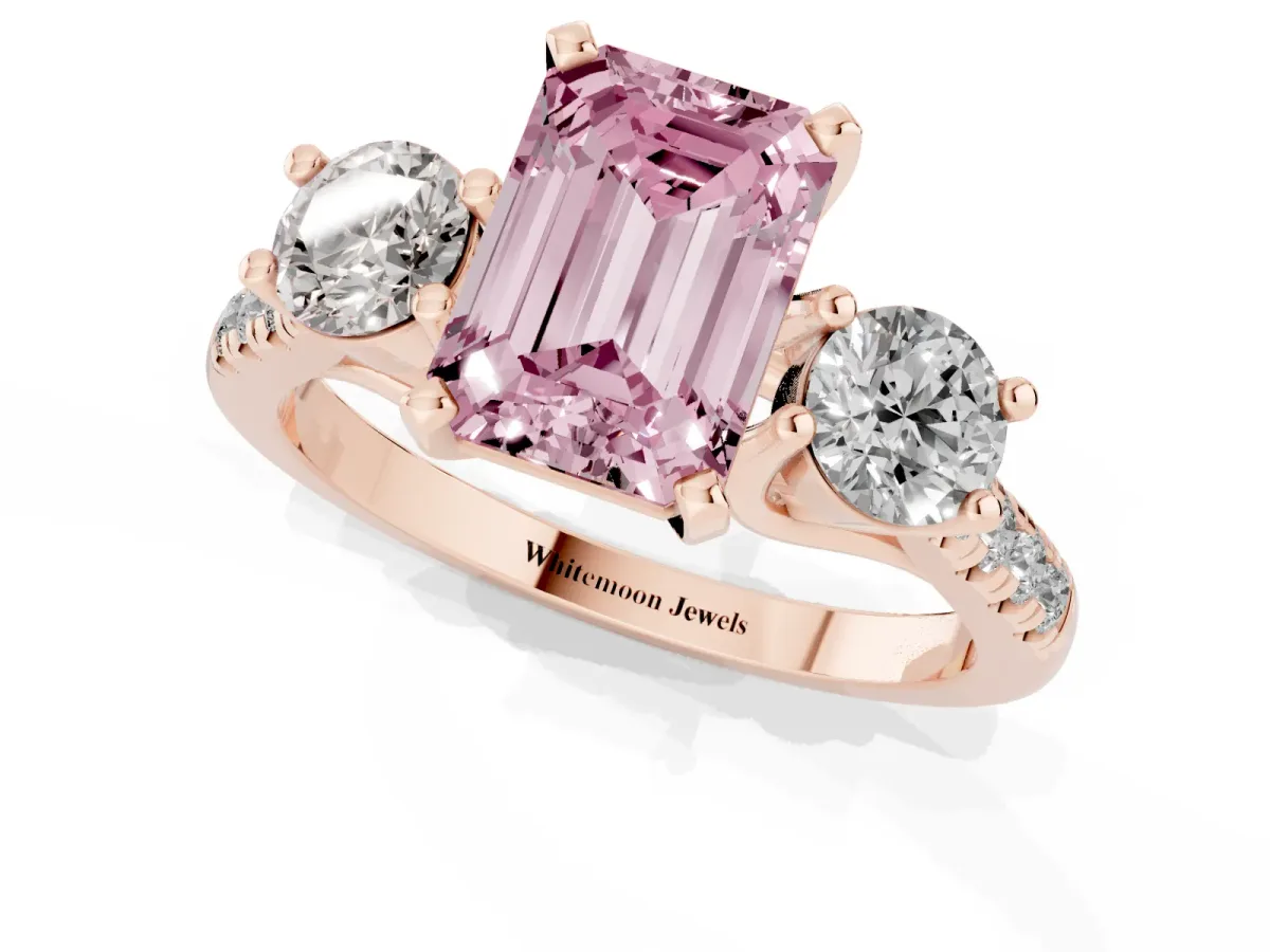 Fancy Pink Three-Stone Emerald Cut Diamond Pavé Band with Four-Prong Setting Rose gold