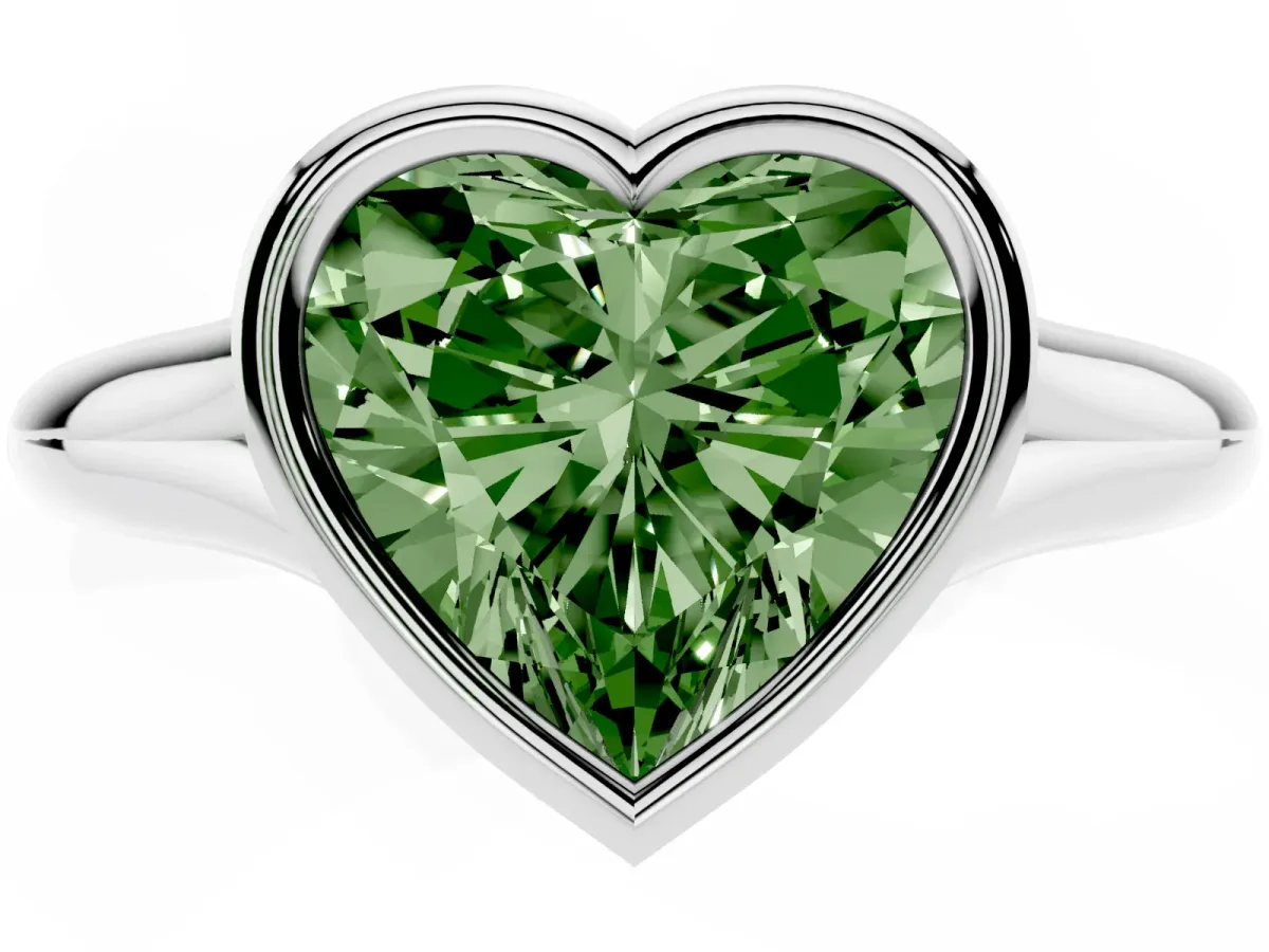 Fancy Green Bezel Set Heart Cut Solitaire Diamond Ring with Smooth Band Silver