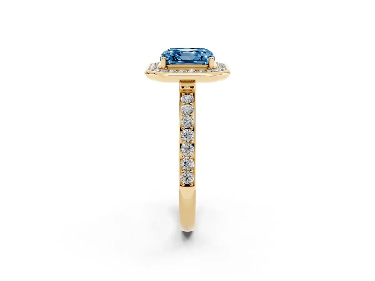 Fancy Blue Asscher Cut Diamond Halo Ring with Bezel Frame and Pavé Band Yellow gold