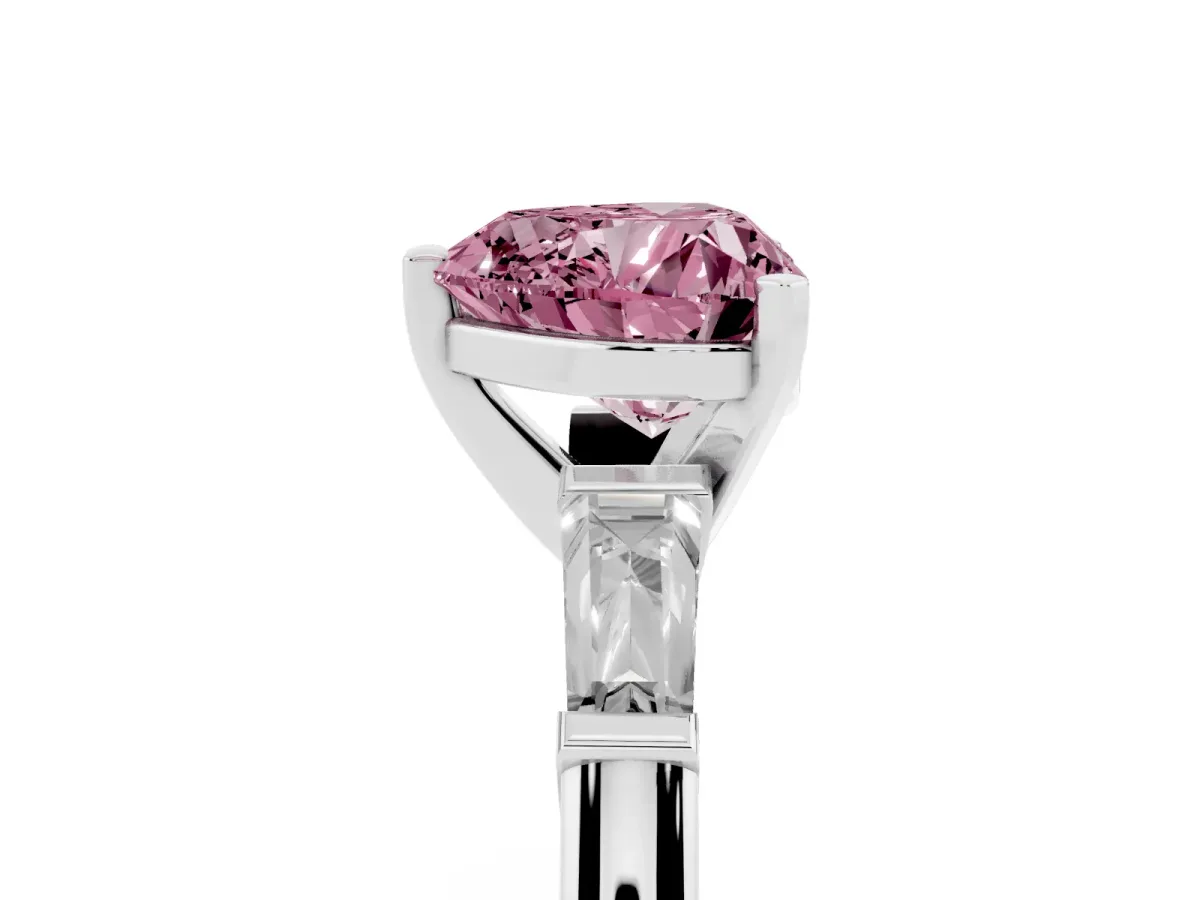 Fancy Pink Heart Cut Solitaire with Tapered Baguette Side Stones on a Classic Band with Four-Prong Setting Silver