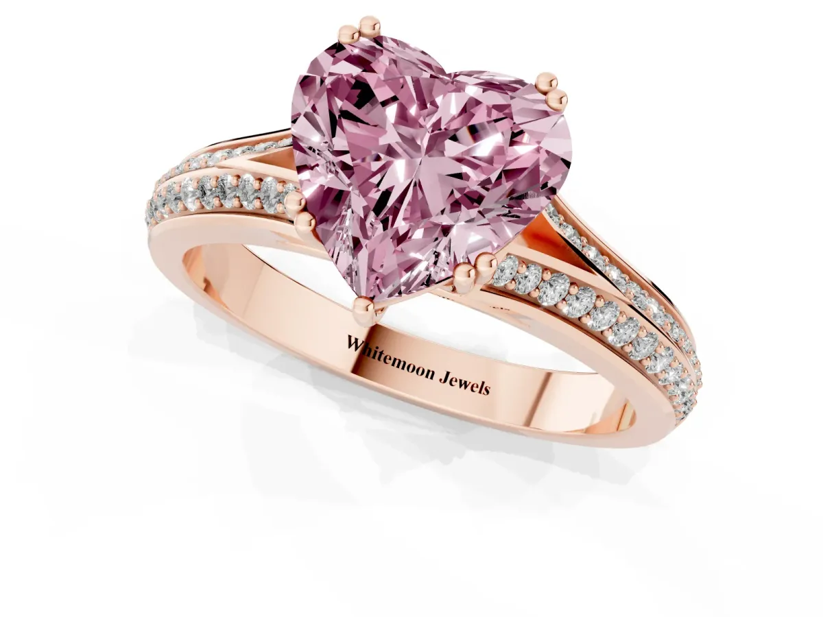 Fancy Pink Heart Cut Diamond Split Shank Engagement Ring with Pavé Band Rose gold