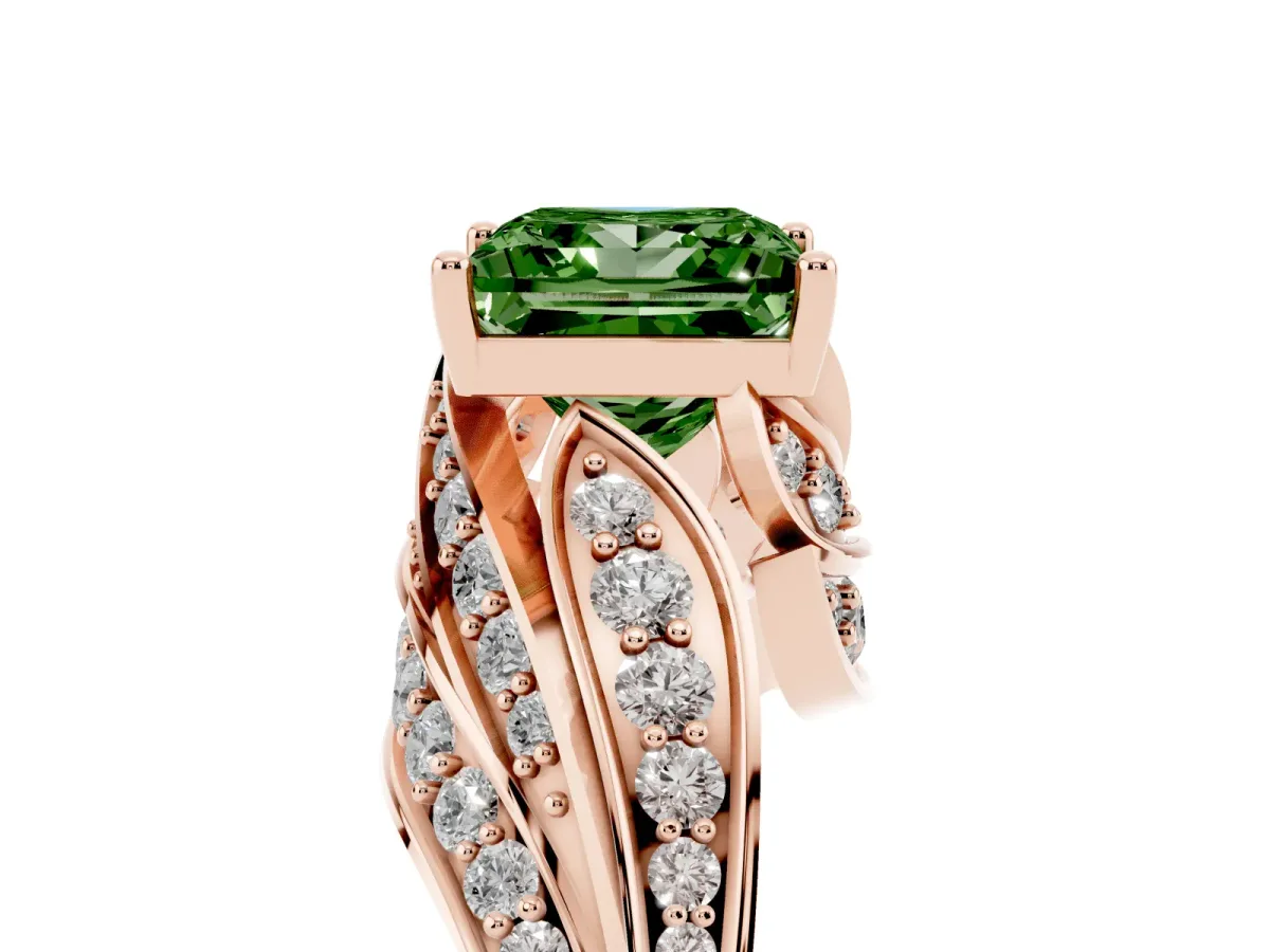 Fancy Green Princess Cut Diamond Solitaire Ring with Prong Setting and Twisted Pavé Band Rose gold