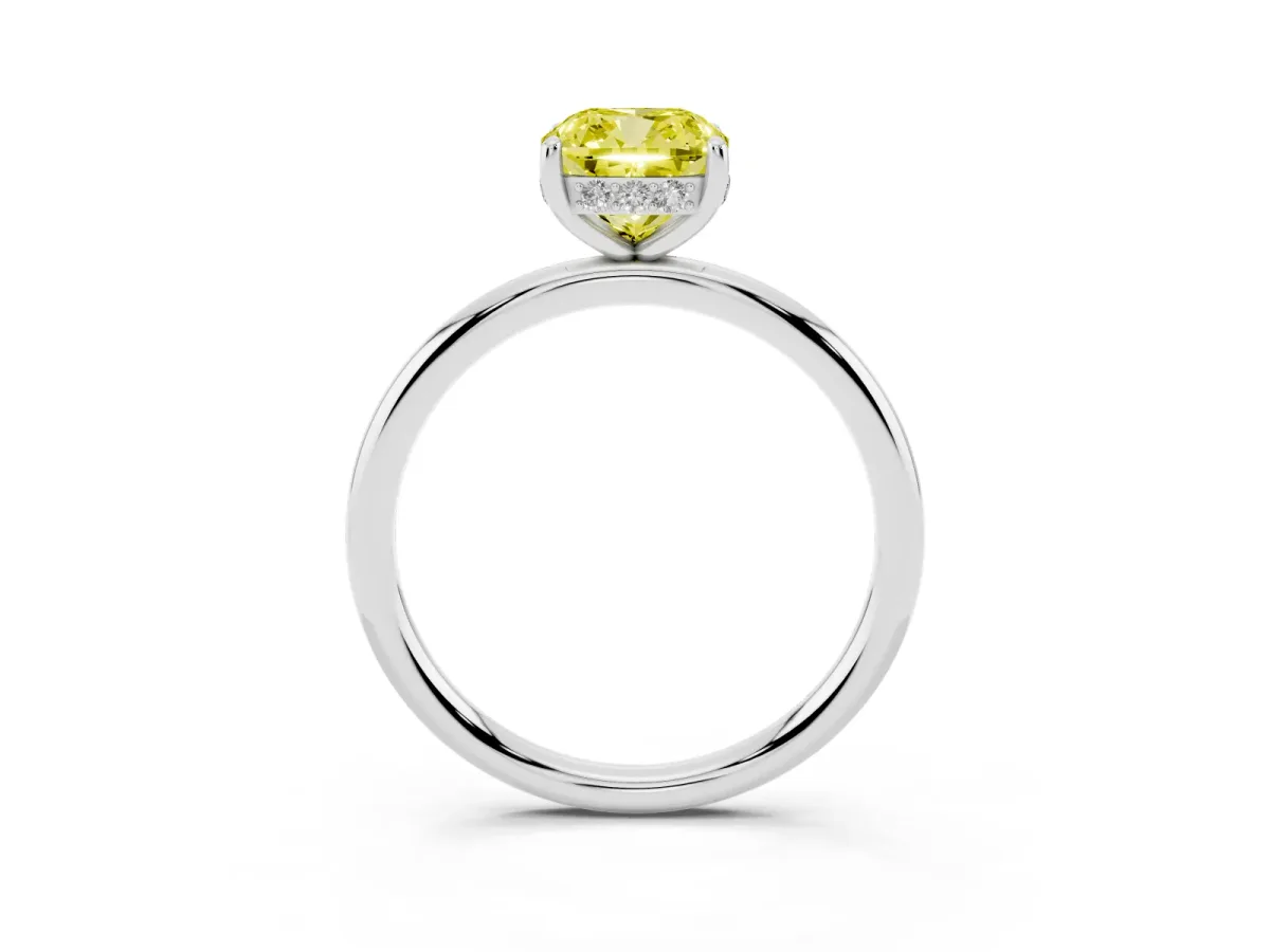 Fancy Yellow Cushion Cut Solitaire Diamond Ring with a Classic Band and Four-Prong Setting Silver