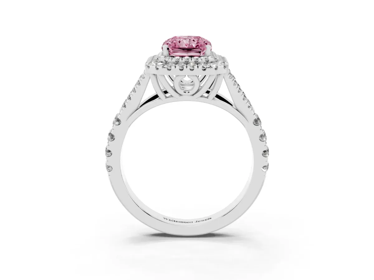 Fancy Pink Radiant Cut Cut Double Halo Split Shank Diamond Ring with Prong Setting White gold