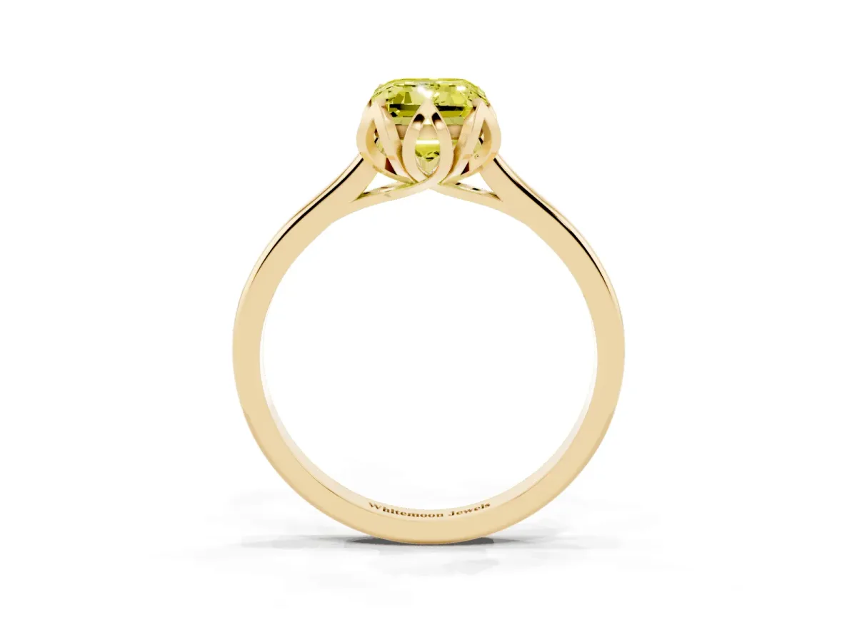 Fancy Yellow Emerald Cut Diamond Solitaire Ring with Flower Prong Setting and Classic Band Yellow gold