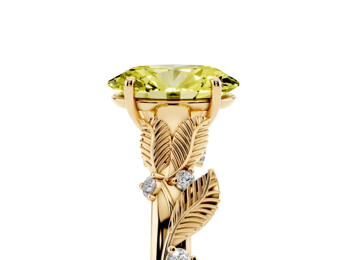 Fancy Yellow Oval Cut Diamond Solitaire Ring with Leaf Motif Band and Four-Prong Setting Yellow gold