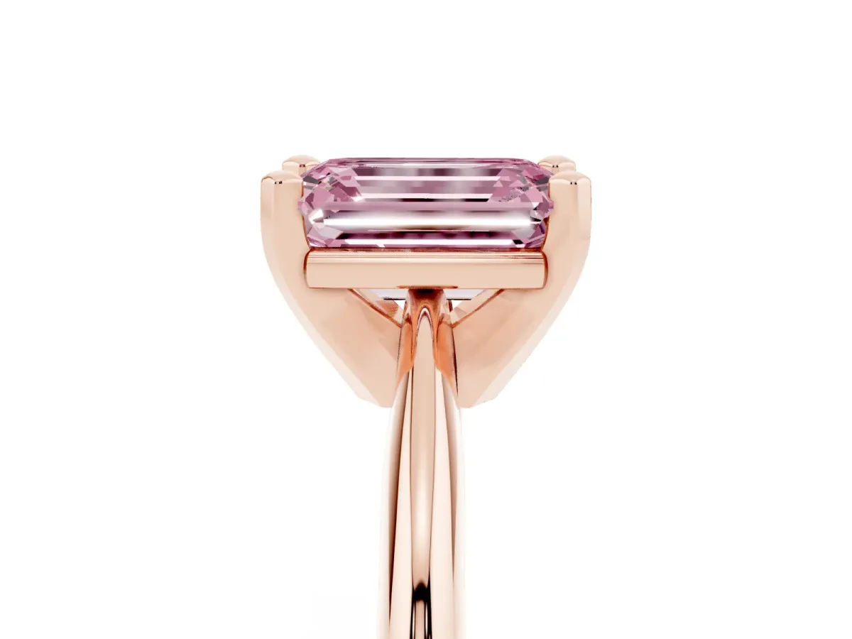 Fancy Pink Emerald Cut Cut Solitaire Ring with Four-Prong Setting on a Classic Band Rose gold