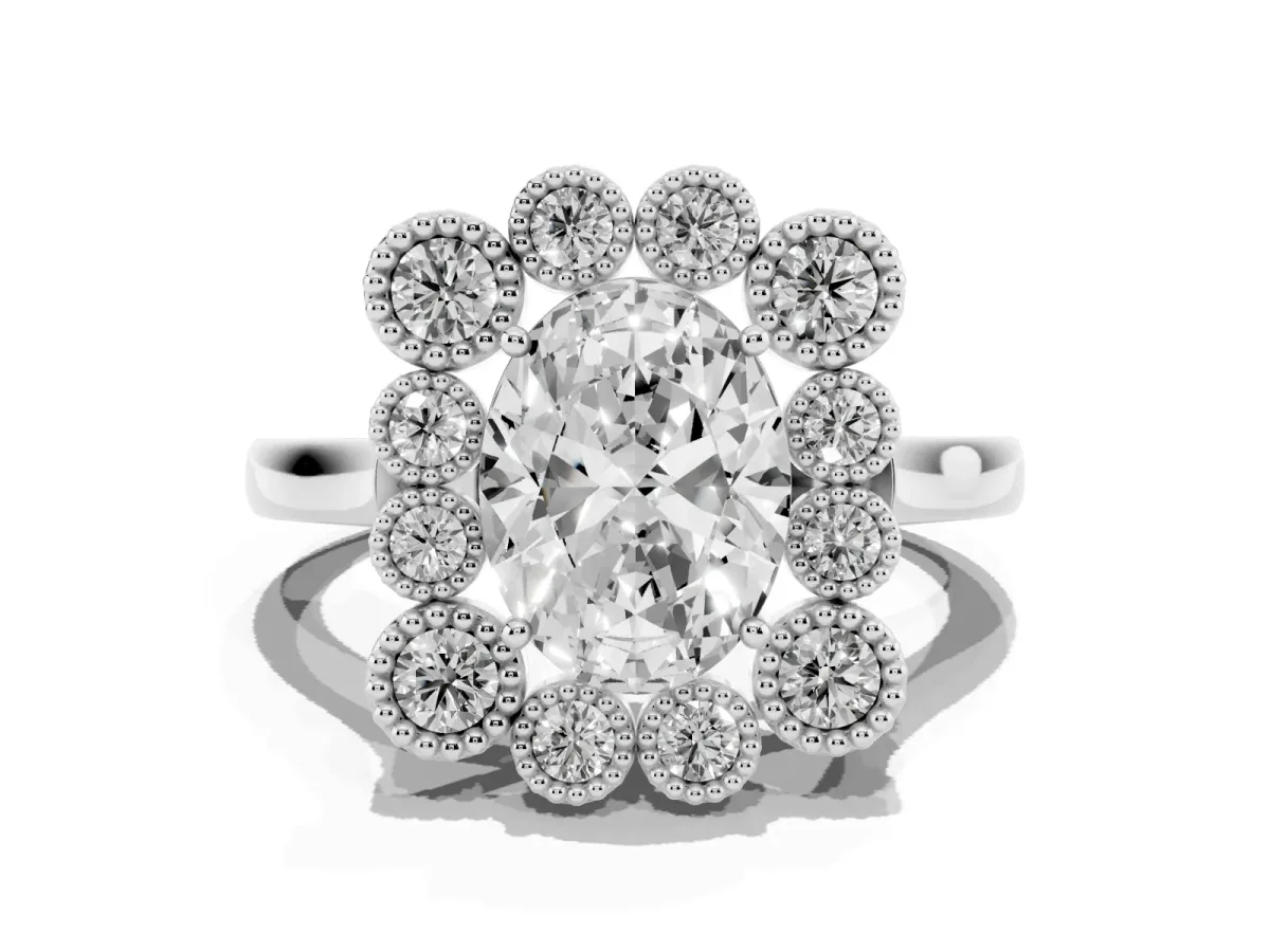 Oval Cut Halo Diamond Cluster Engagement Ring with Milgrain Bezel Setting and Solitaire Band White gold