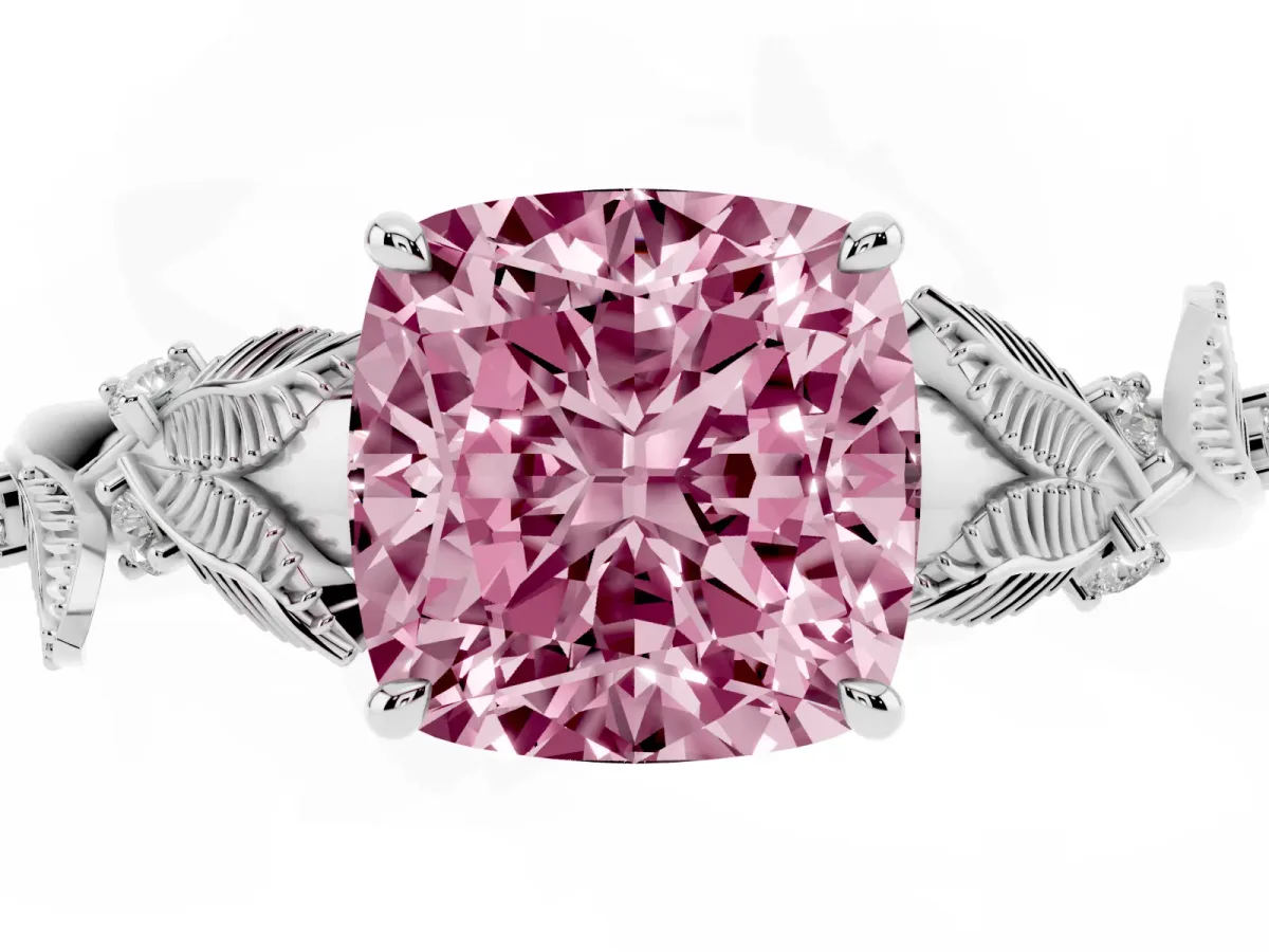 Fancy Pink Cushion Cut Diamond Solitaire Ring with Leaf Motif Band and Four-Prong Setting Platinum