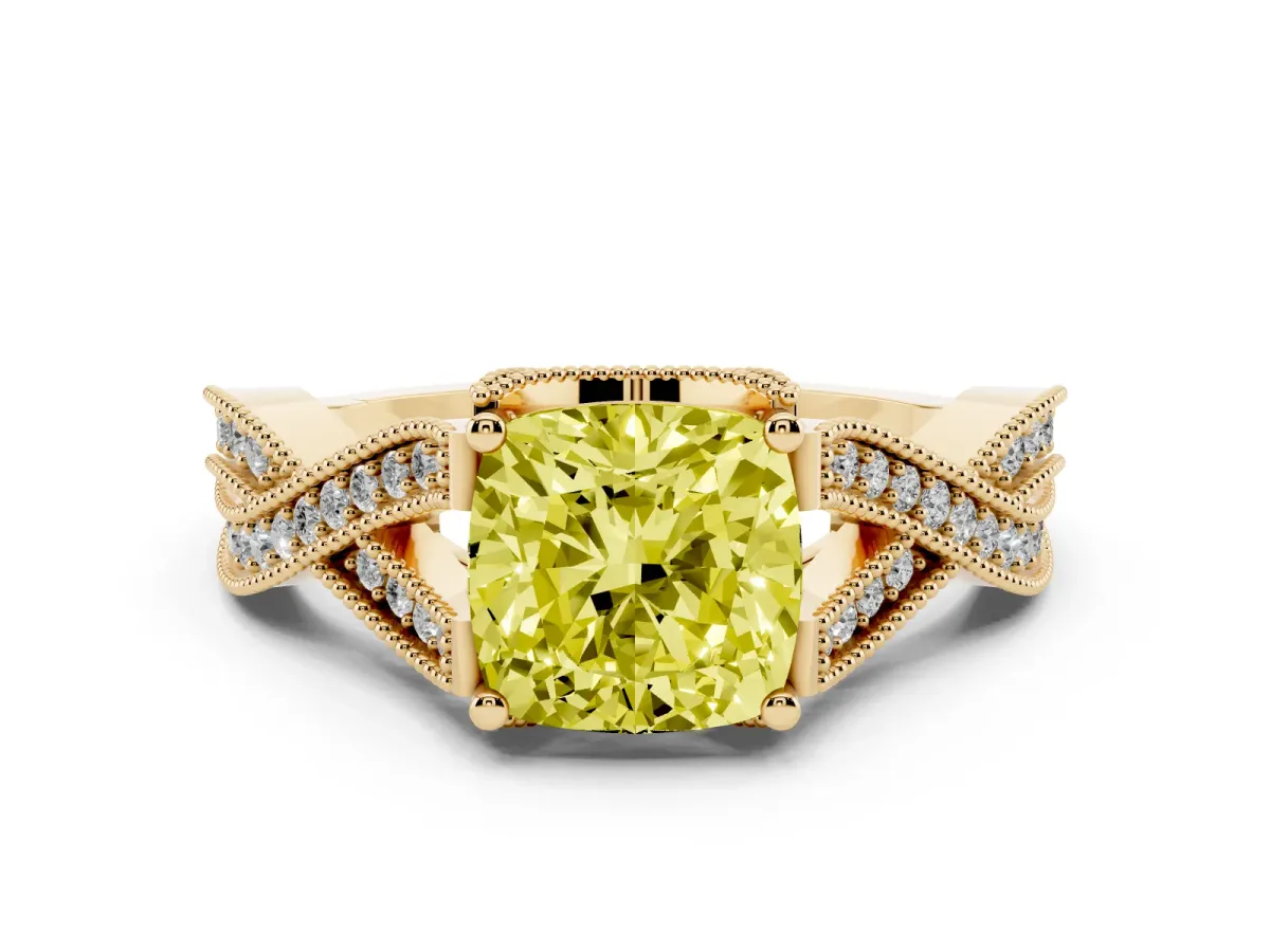 Fancy Yellow Cushion Cut Cut Diamond Twisted Band with Milgrain Pave Setting and Four-Prong Setting Yellow gold