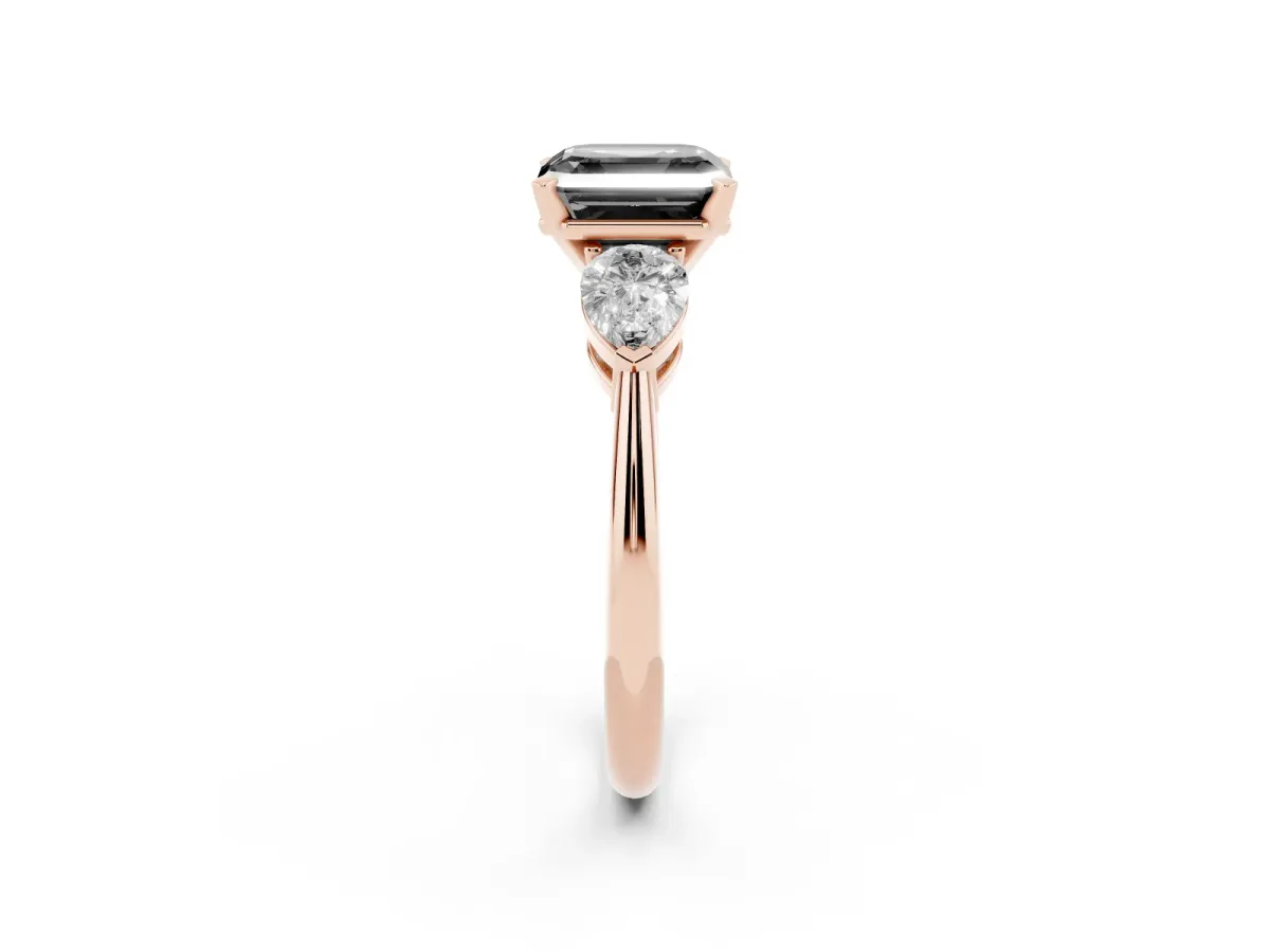Fancy Black Three-Stone Asscher Cut Diamond Ring with Pear Side Stones and Four-Prong Setting Rose gold