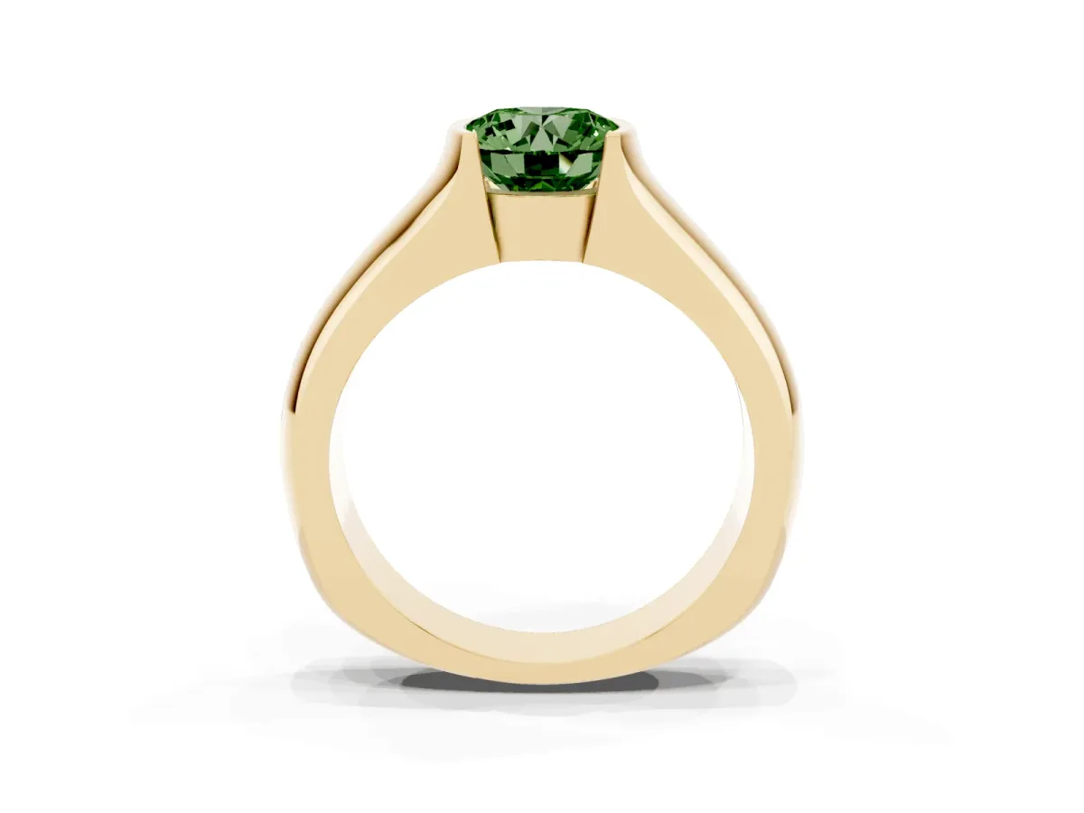 Fancy Green Round Cut Solitaire Bezel Set Diamond Ring with Wide Band Yellow gold