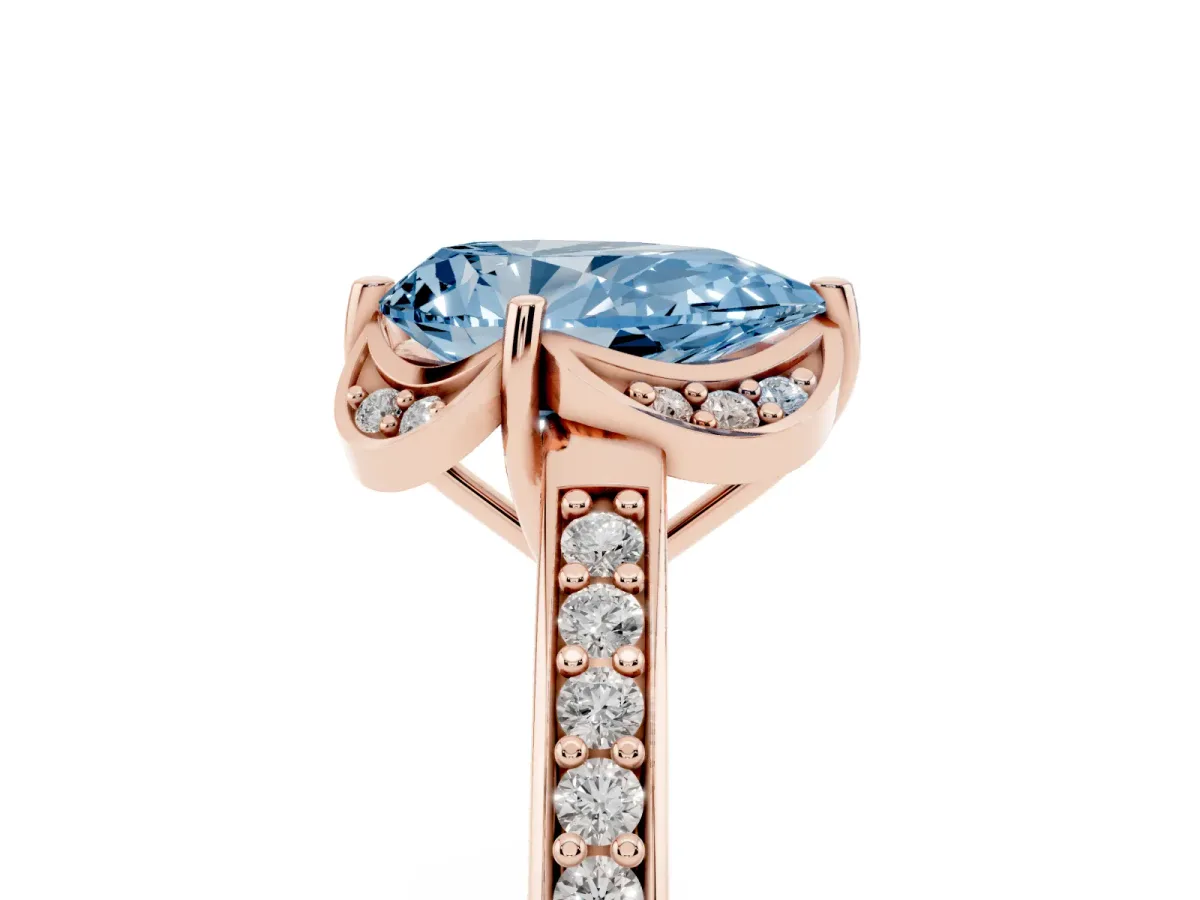 Fancy Blue Pear Cut Cut Halo Diamond Ring with Channel Set Band and Four-Prong Setting Rose gold