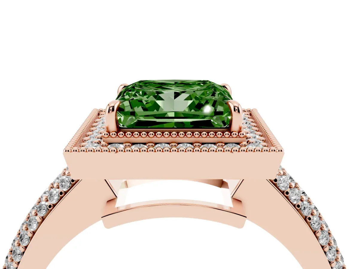 Fancy Green Princess Cut Cut Halo Diamond Pave Band with Four-Prong Setting Rose gold