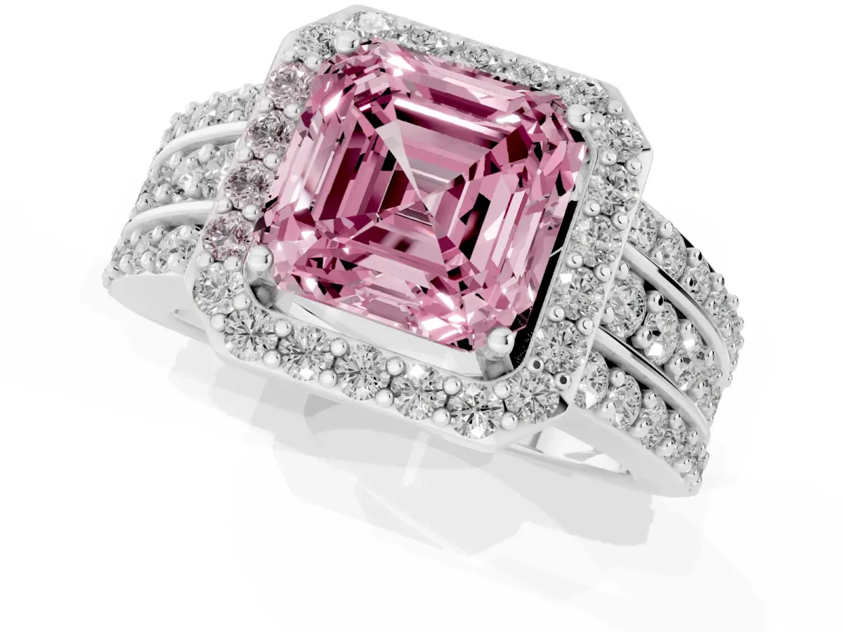 Fancy Pink Asscher Cut Halo Diamond Ring with Round Split Shank and Prong Setting Platinum