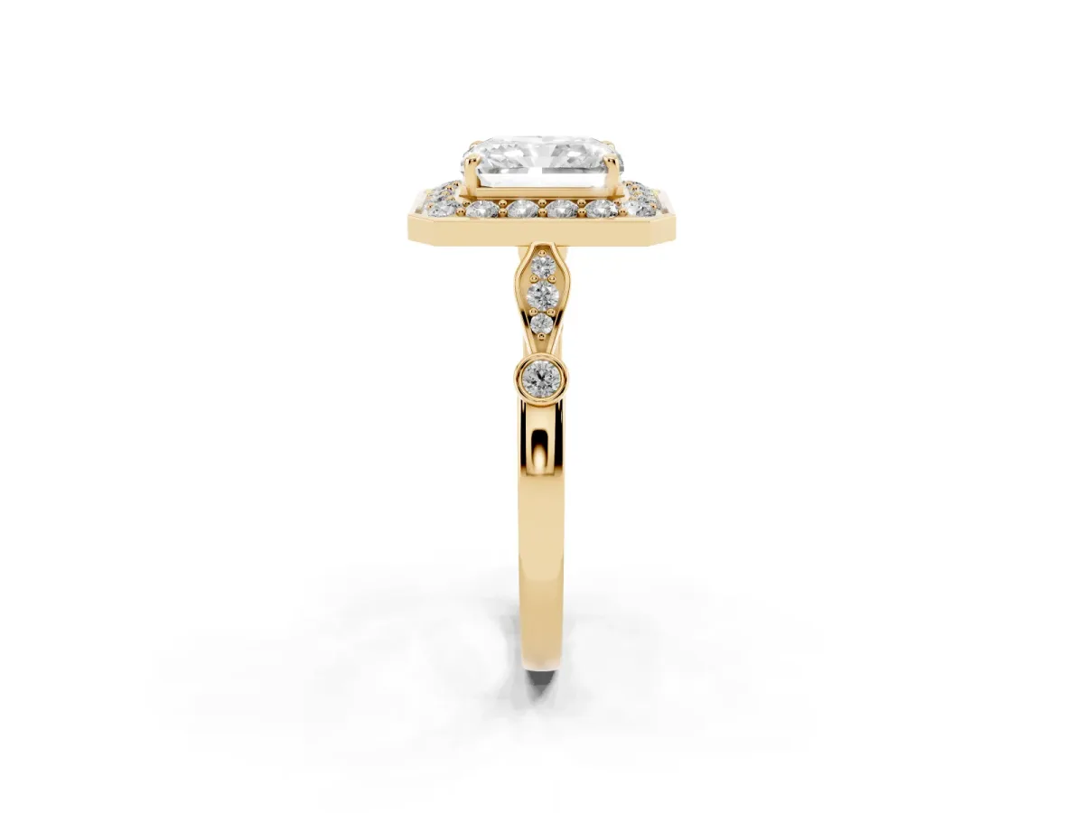 Radiant Cut Halo Diamond Engagement Ring with Twisted Band and Four-Prong Setting Yellow gold