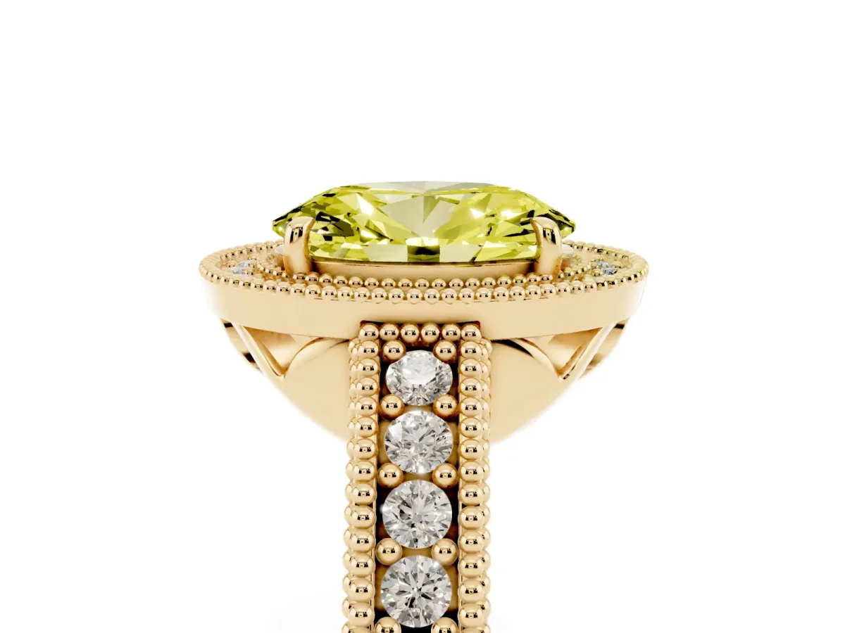 Fancy Yellow Oval Cut Cut Halo Diamond Ring with Pavé Band and Four-Prong Setting Yellow gold
