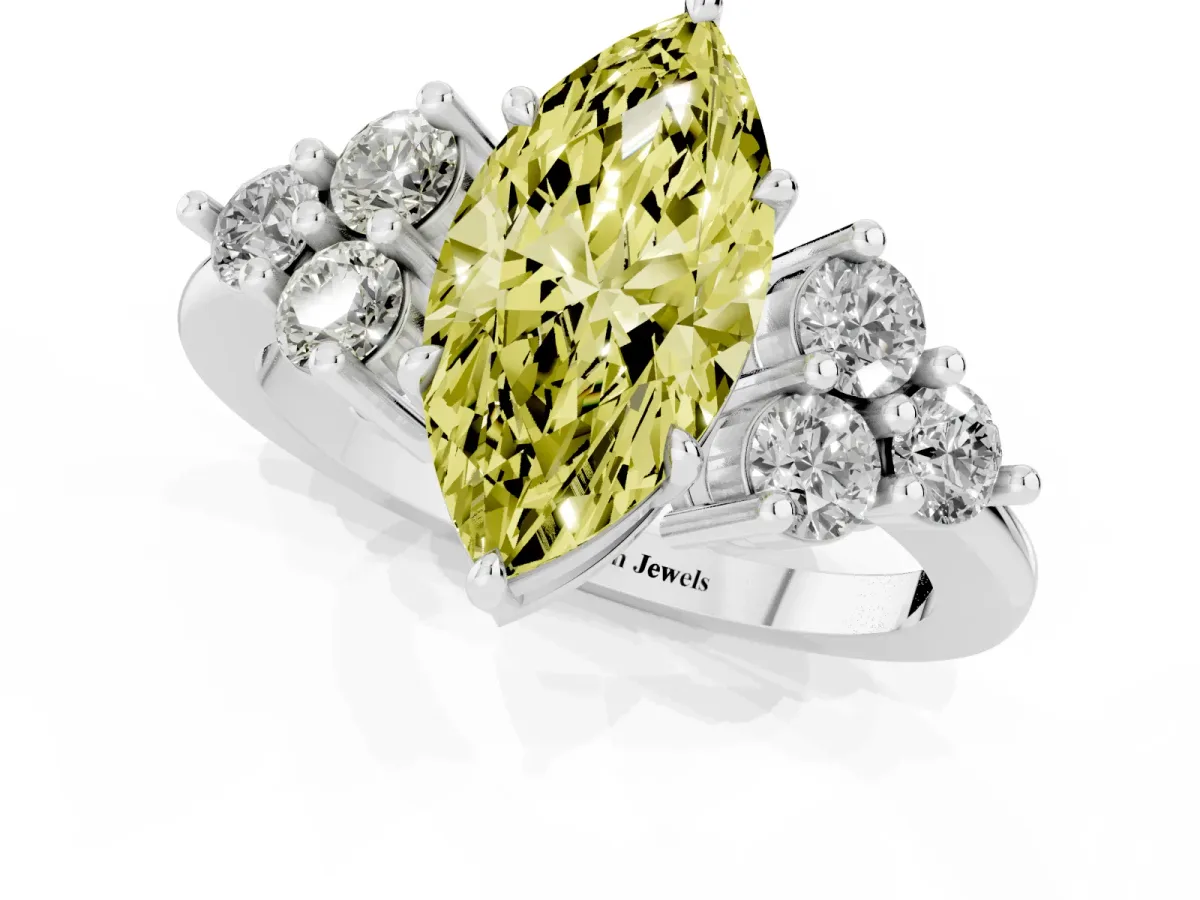 Fancy Yellow Marquise Cut Brilliant Diamond Cluster Accent Solitaire Ring with Prong Setting Silver