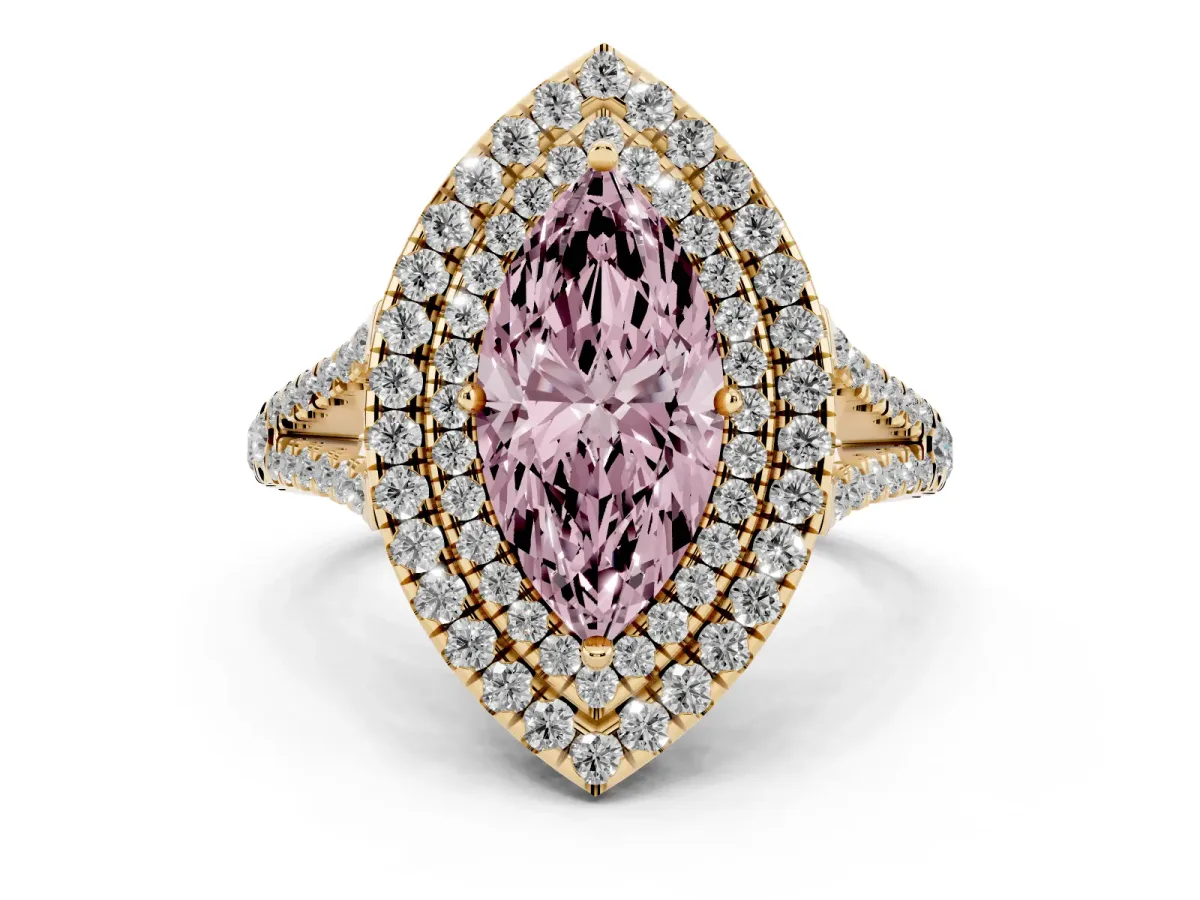 Fancy Pink Marquise Cut Diamond Double Halo Ring with Pavé Band and Prong Setting Yellow gold