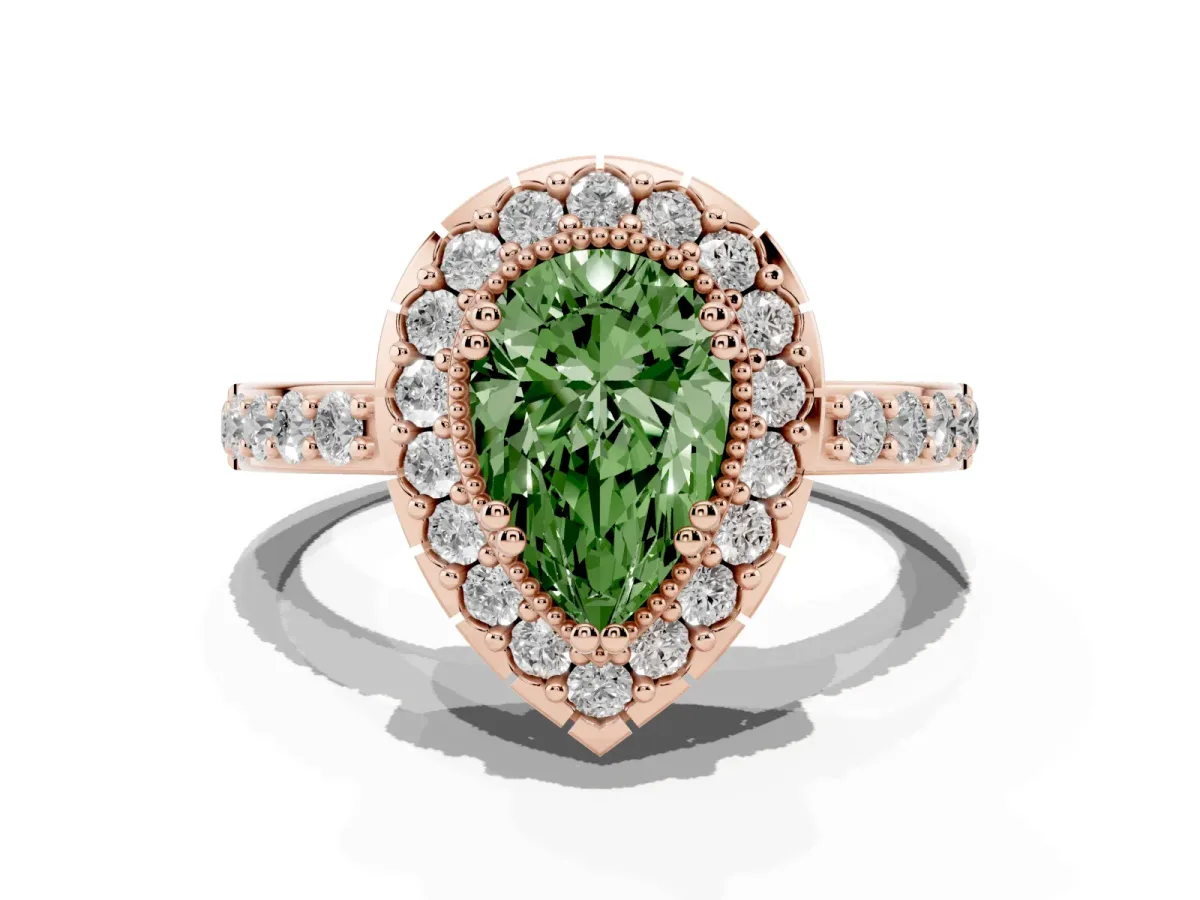 Fancy Green Pear Cut Diamond Halo Ring with Pavé Band and Prong Setting Rose gold