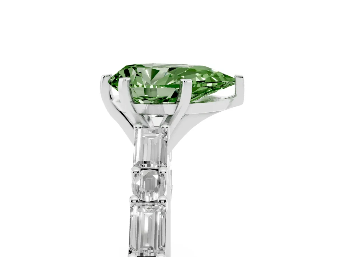 Fancy Green Pear Cut Diamond Solitaire with Side Baguettes and Channel Set Band Platinum