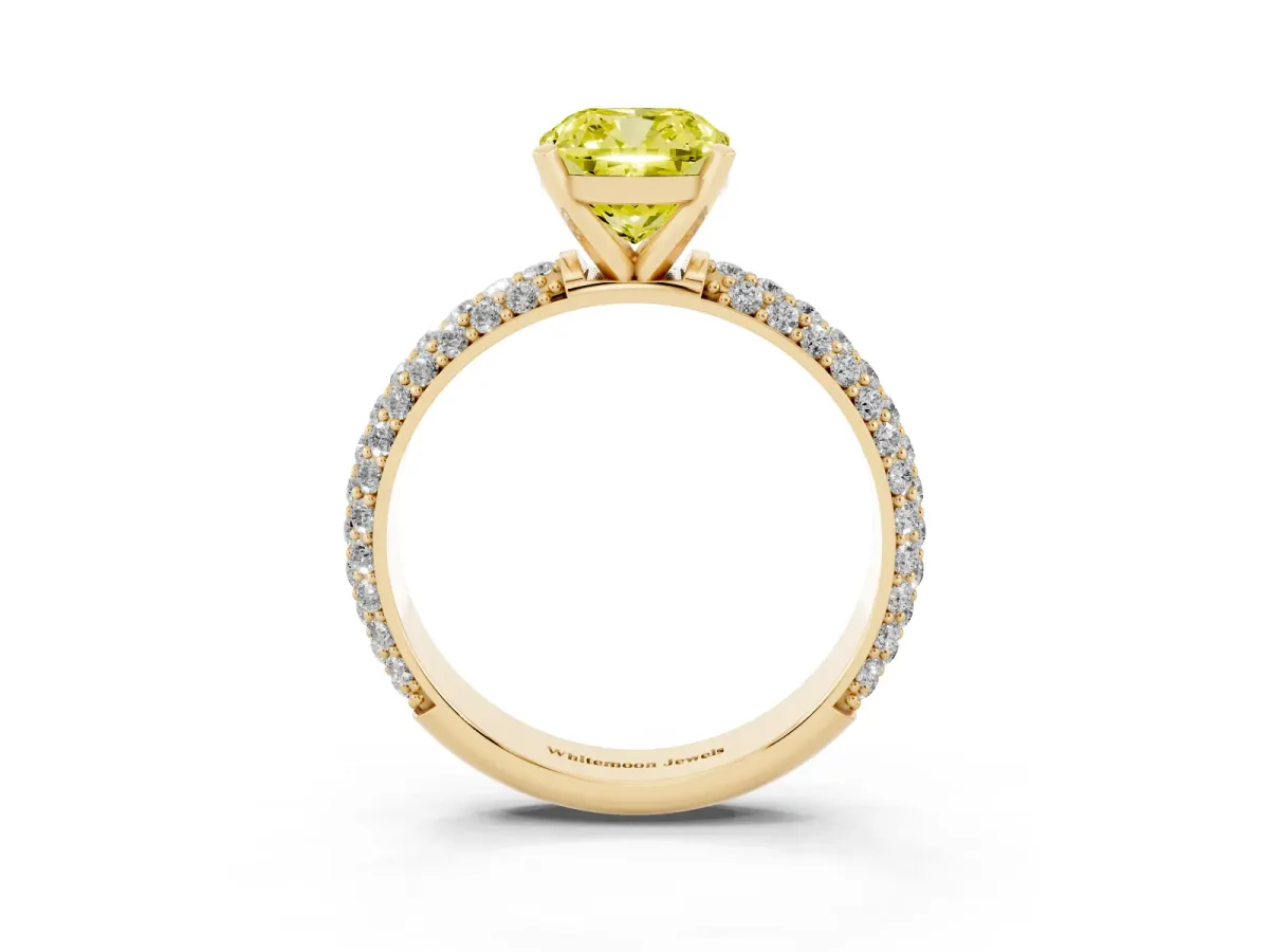 Fancy Yellow Cushion Cut Diamond Solitaire Ring with Prong Setting and Pavé Band Yellow gold