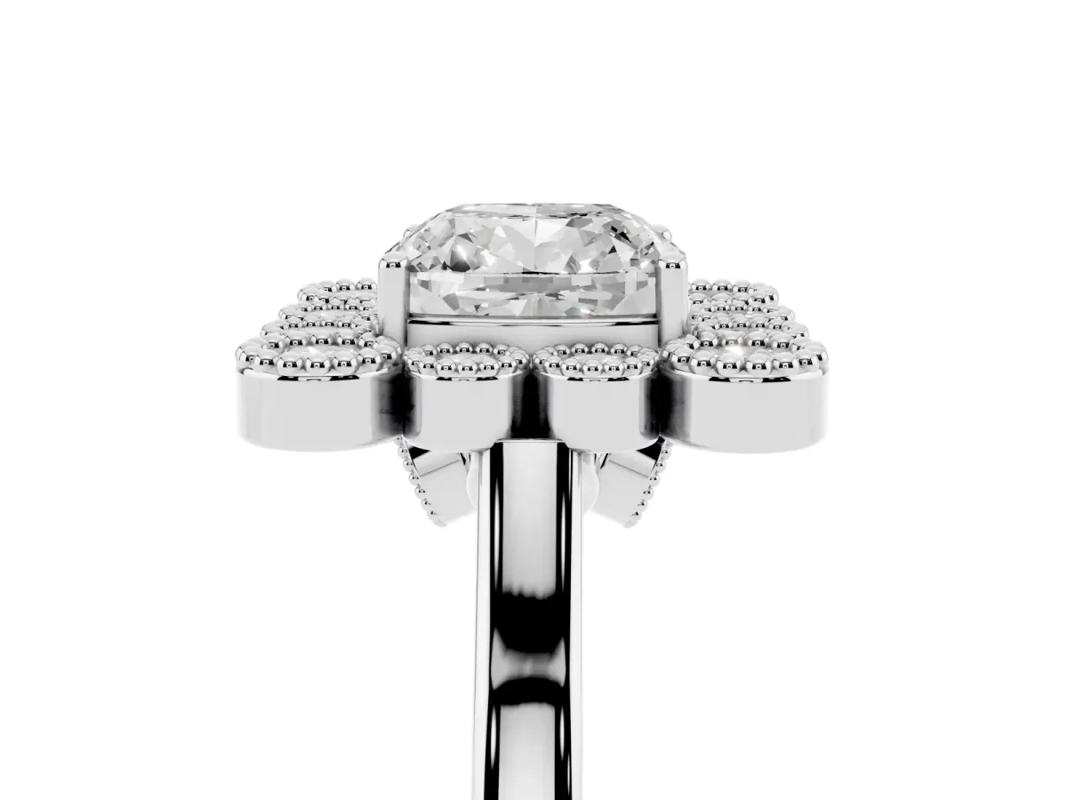 Cushion Cut Halo Diamond Cluster Engagement Ring with Milgrain Bezel Setting and Solitaire Band Platinum