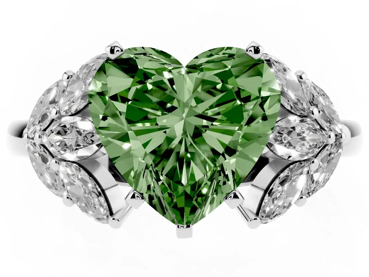 Fancy Green Heart Cut Diamond Cluster Leaf Design Ring with Prong Setting White gold