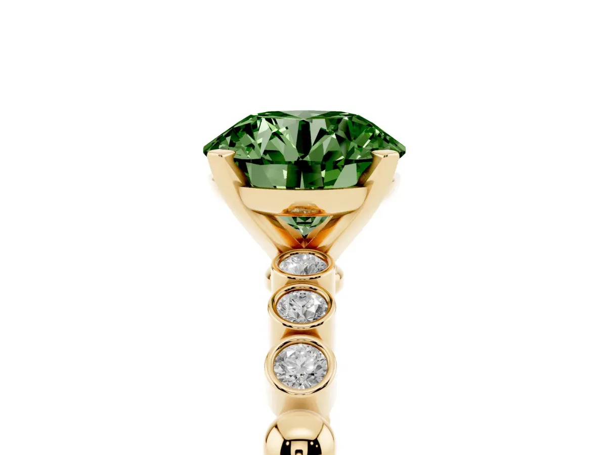 Fancy Green Round Cut Solitaire Bezel Accent Diamond Engagement Ring with Beaded Band and Four-Prong Setting Yellow gold