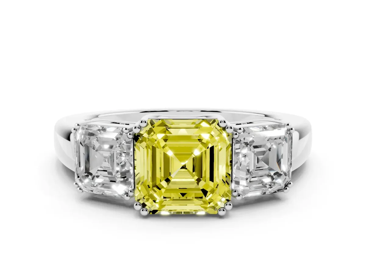 Fancy Yellow Three-Stone Asscher Cut Cut Diamond Ring with Channel Set Band and Four-Prong Setting White gold