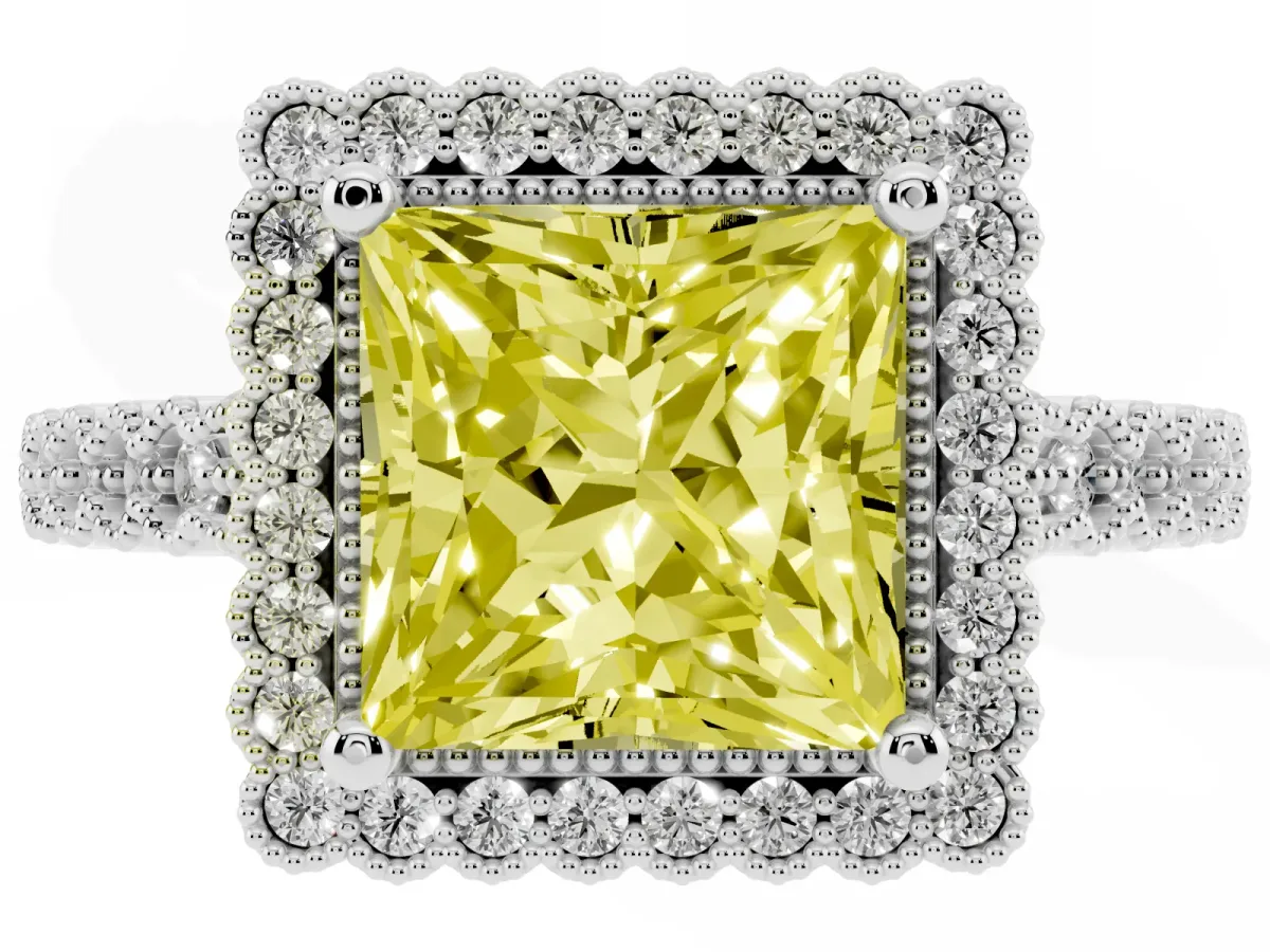 Fancy Yellow Princess Cut Cut Halo Pavé Solitaire Ring with Milgrain Band Platinum