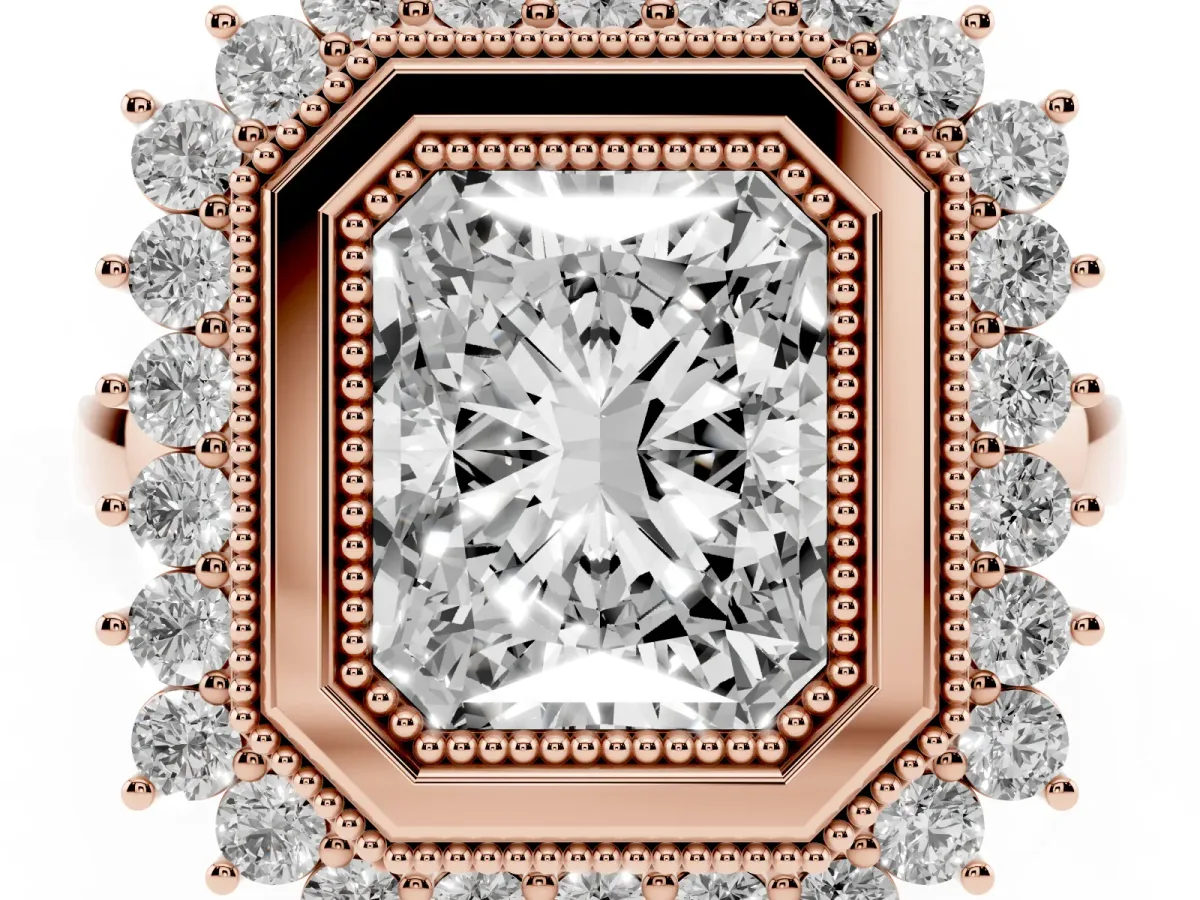 Radiant Cut Halo Diamond Ring with Milgrain Edge and Round Prong Setting Rose gold