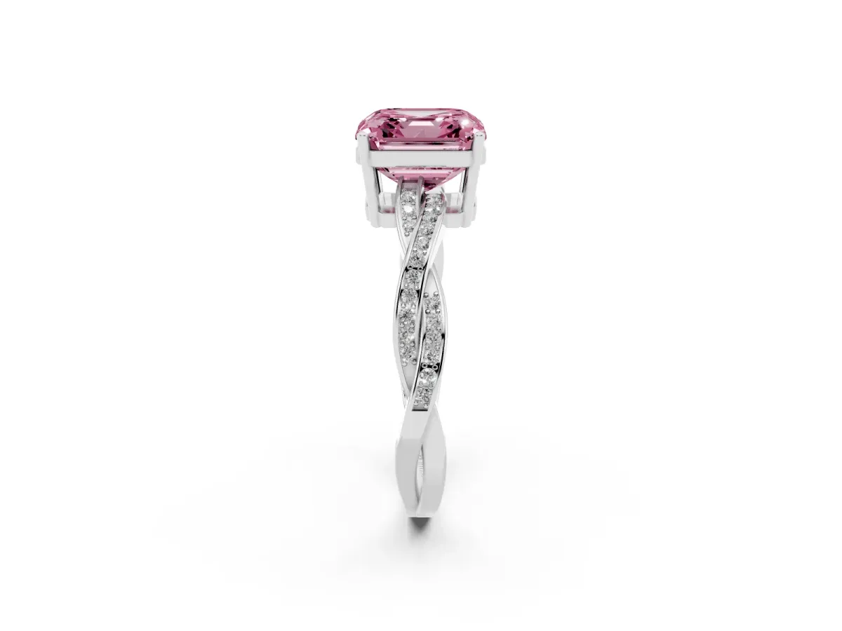 Fancy Pink Asscher Cut Solitaire Twisted Pave Diamond Ring with Four-Prong Setting Silver