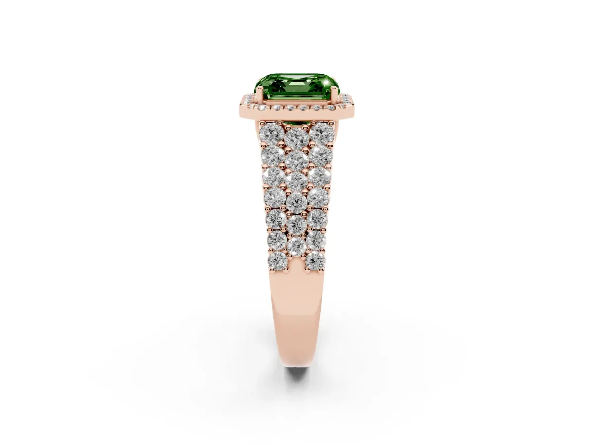 Fancy Green Asscher Cut Diamond Halo Engagement Ring with Triple Row Round Pavé Band and Prong Setting Rose gold