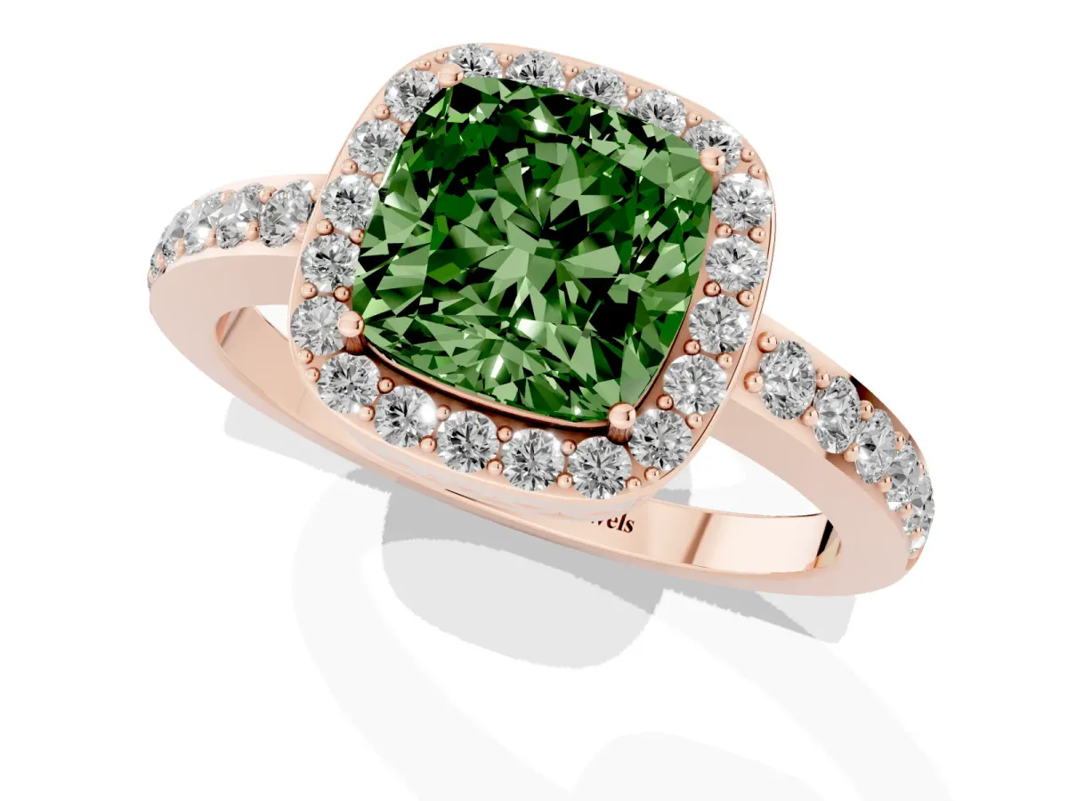 Fancy Green Cushion Cut Halo Diamond Pavé Band Ring with Prong Setting Rose gold