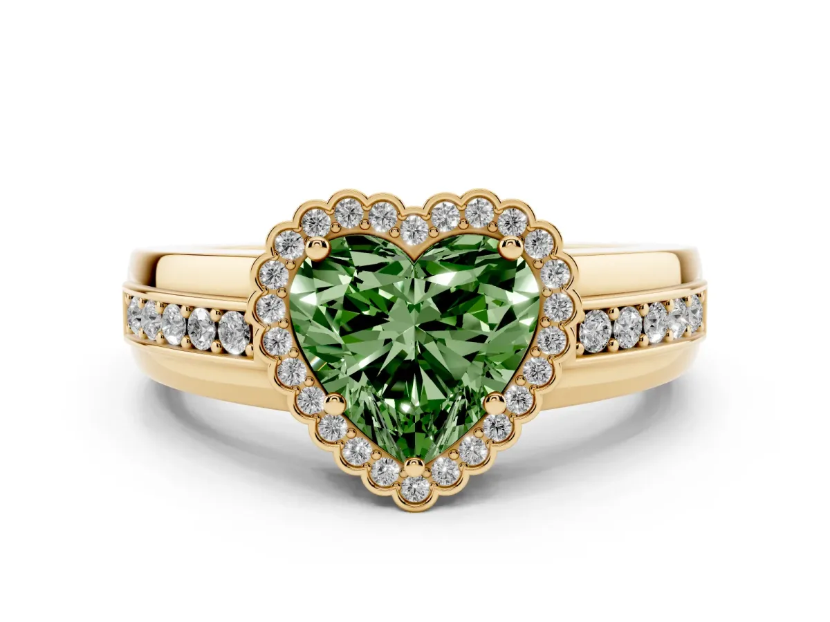 Fancy Green Heart Cut Cut Halo Pave Band Four-Prong Ring Yellow gold