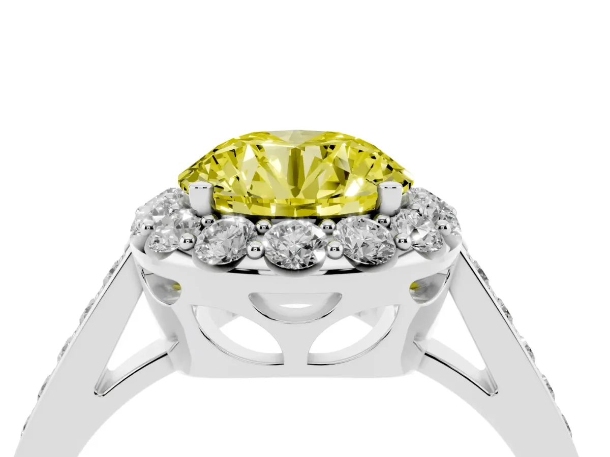Fancy Yellow Round Cut Diamond Floral Halo Ring with Pavé Band and Prong Setting White gold