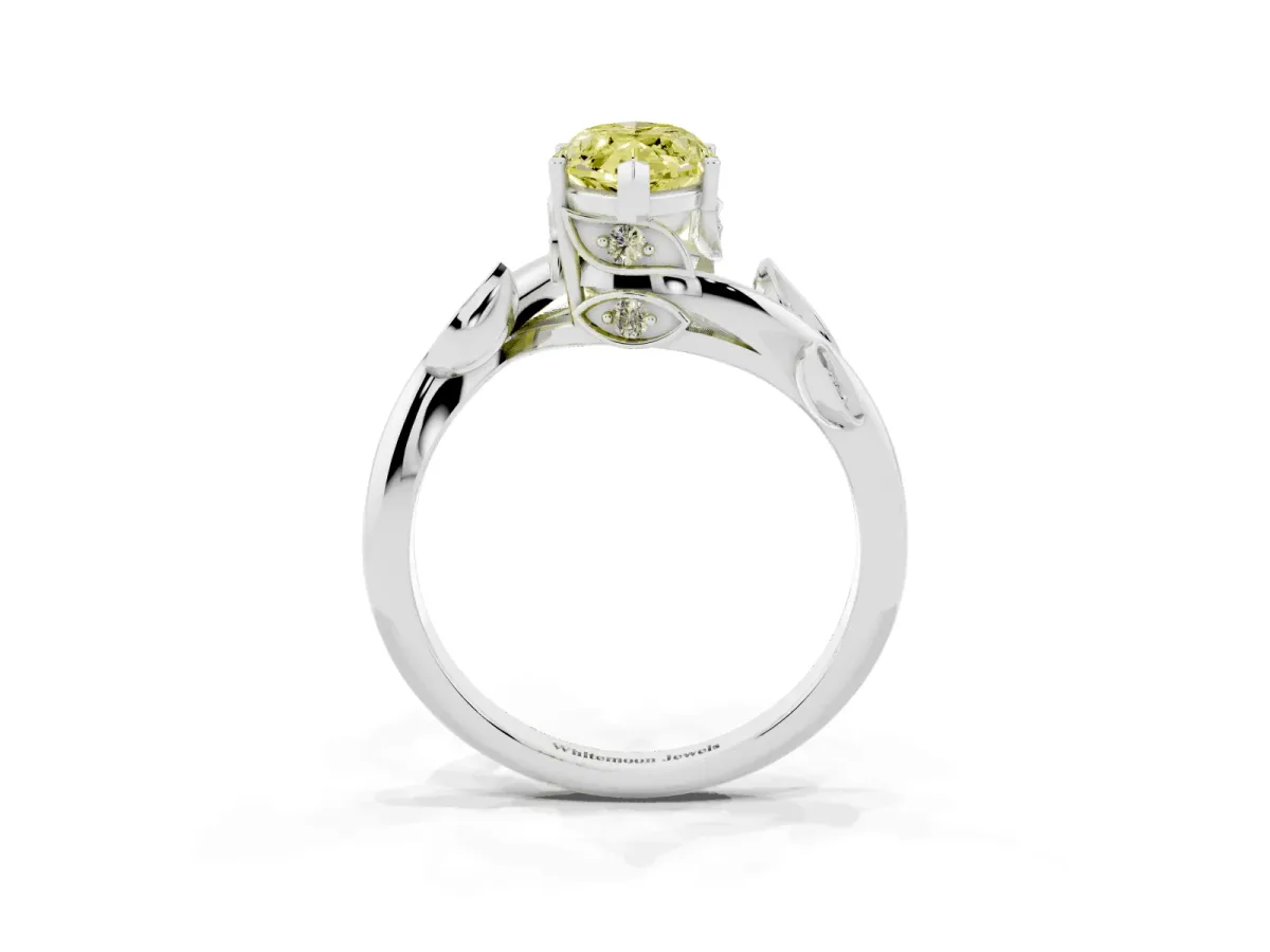 Fancy Yellow Marquise Cut Solitaire Twist Engagement Ring with Leaf Accents and Prong Setting Silver